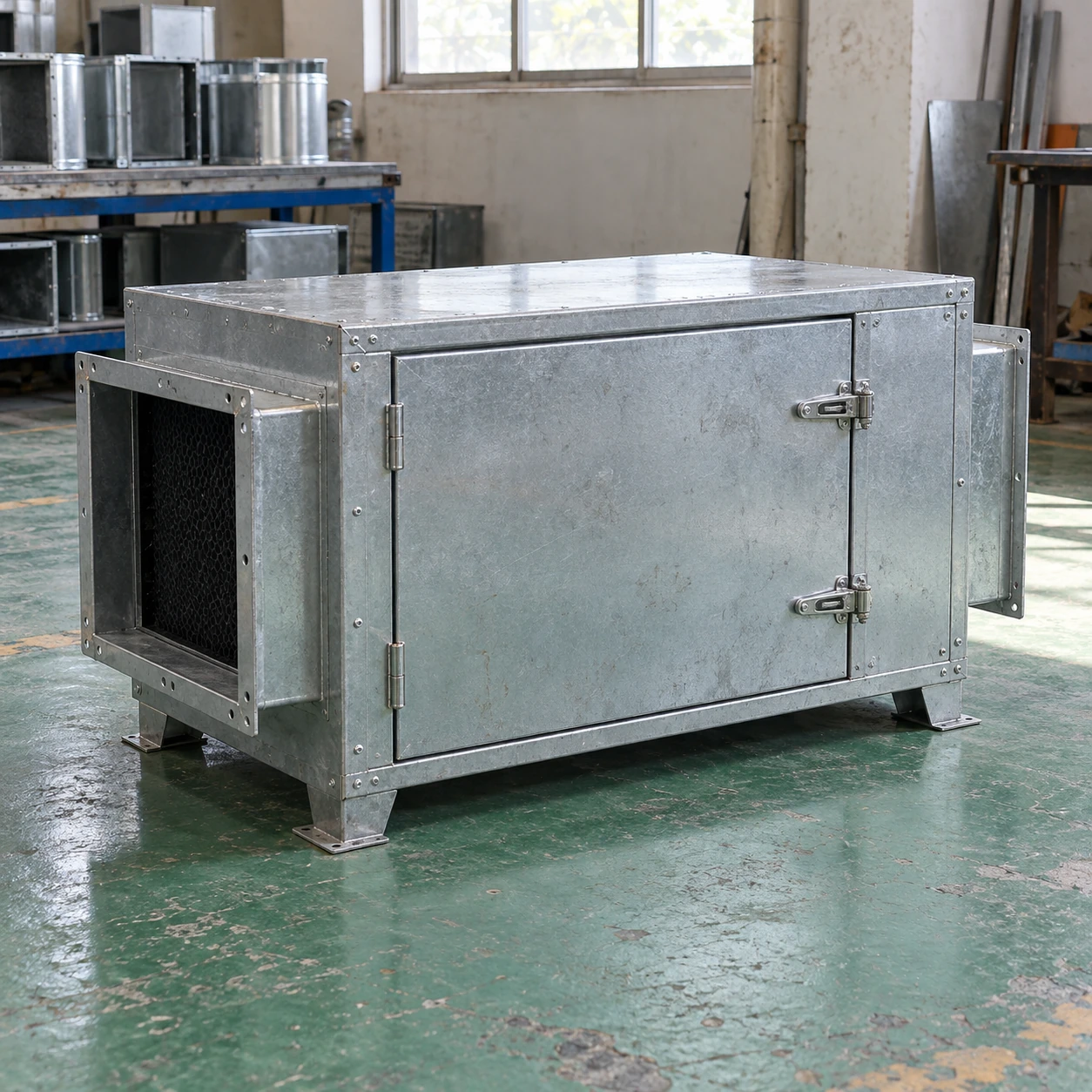 Ordinary industrial side-access carbon filter housing with short rectangular duct connections