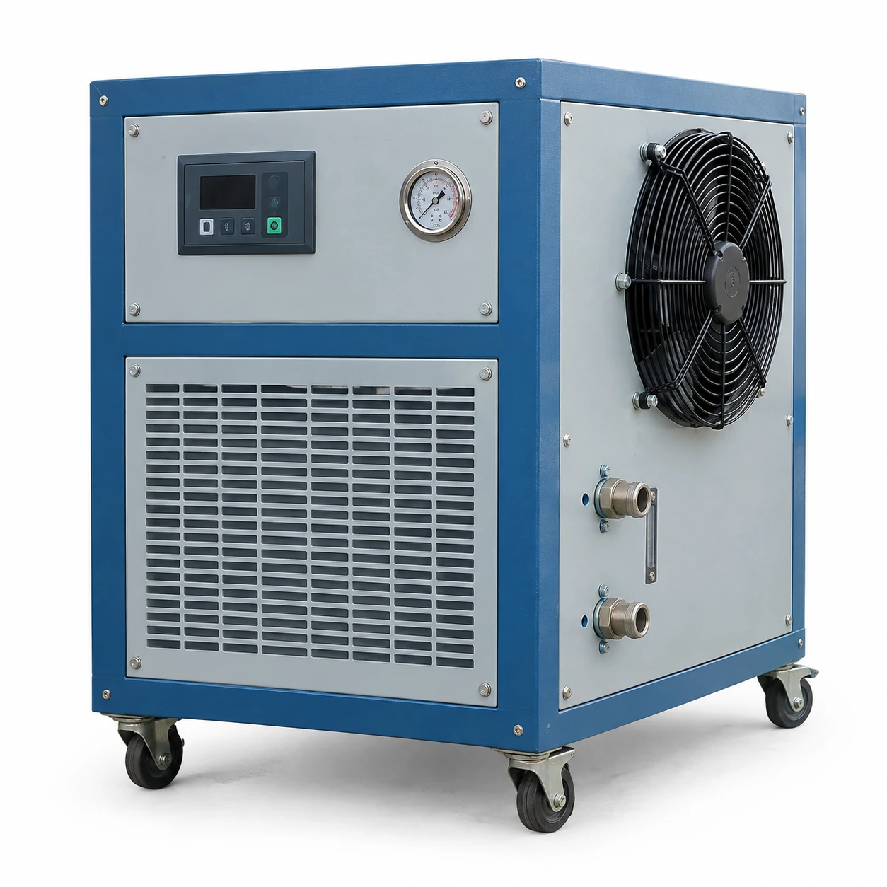 Compact blue-grey industrial recirculating water chiller with a side condenser fan and castors
