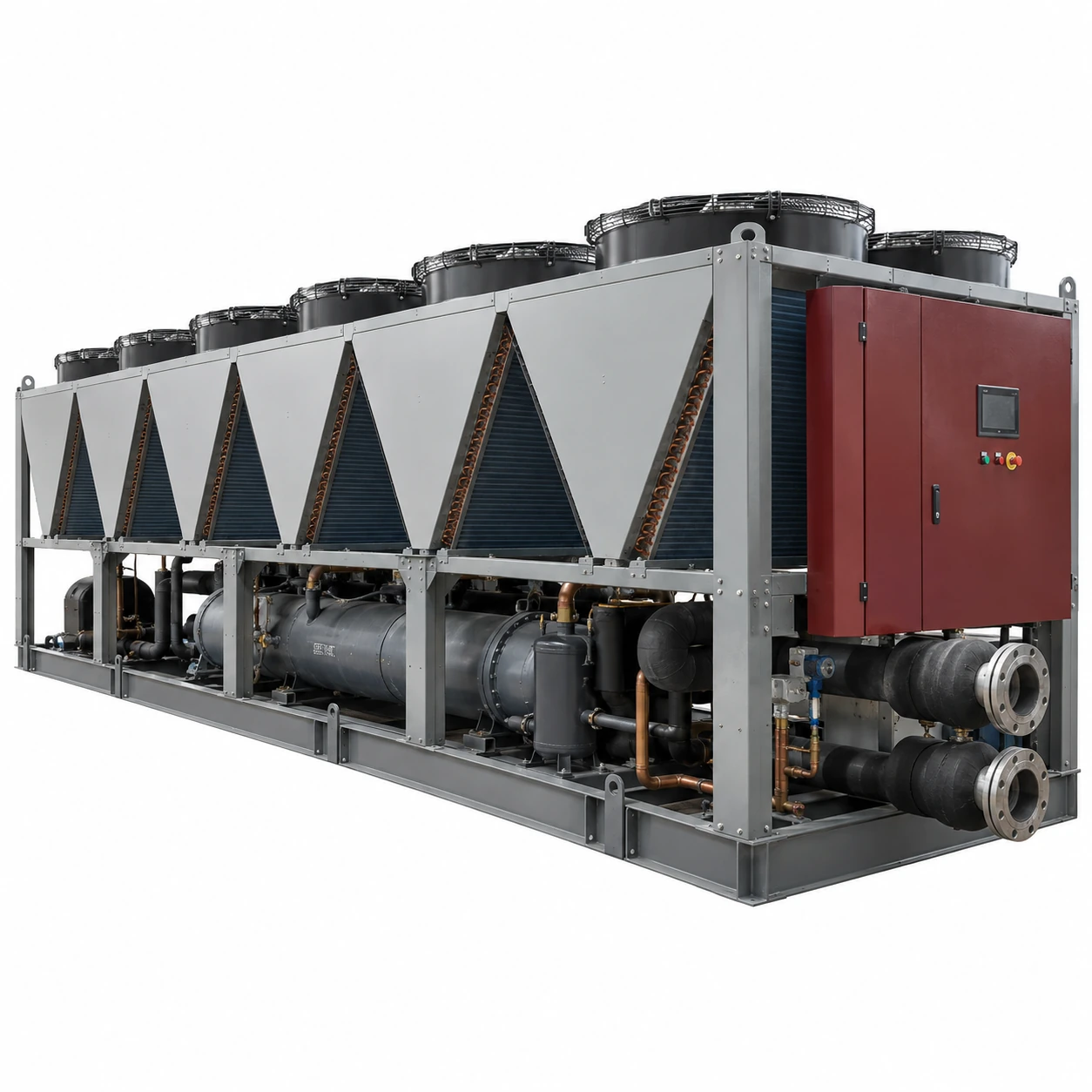 Long grey industrial chiller with red service panels and six top condenser fans