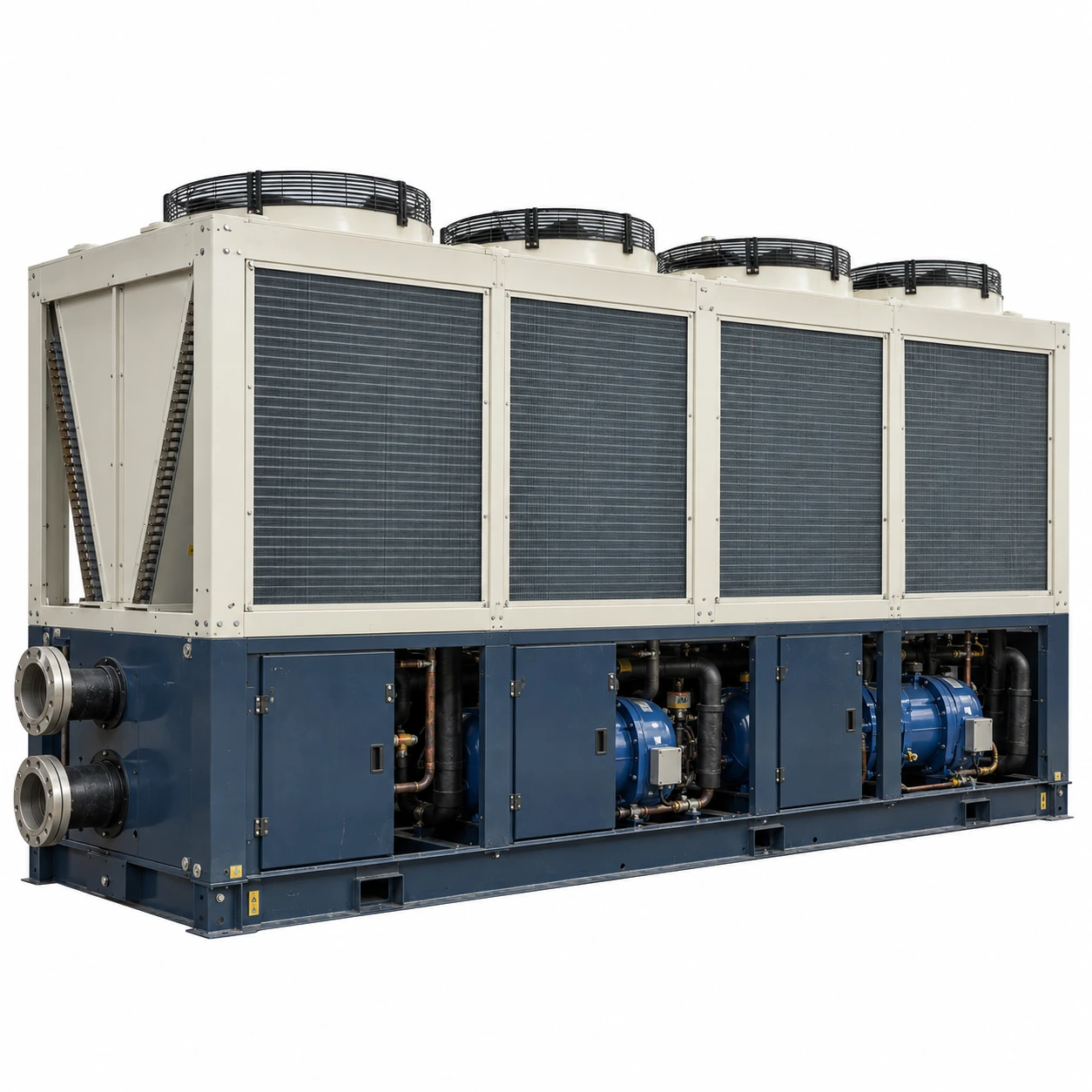 Cream and blue industrial process chiller with four condenser fans and removable service panels
