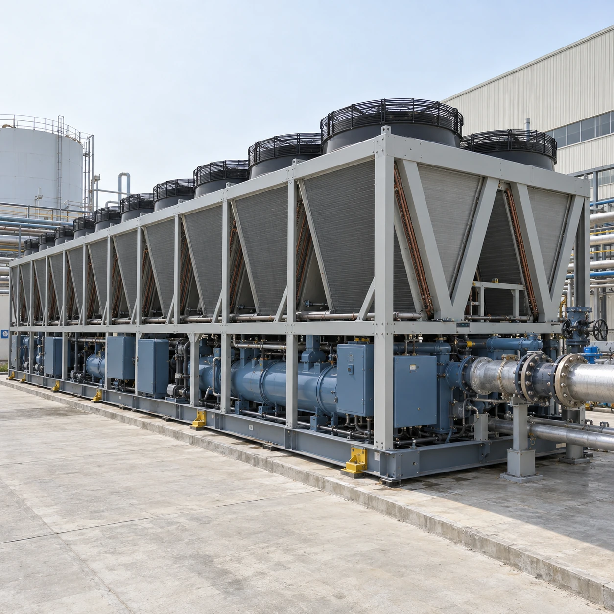 Large blue-grey industrial air-cooled chiller with multiple V-coil sections on an outdoor factory pad