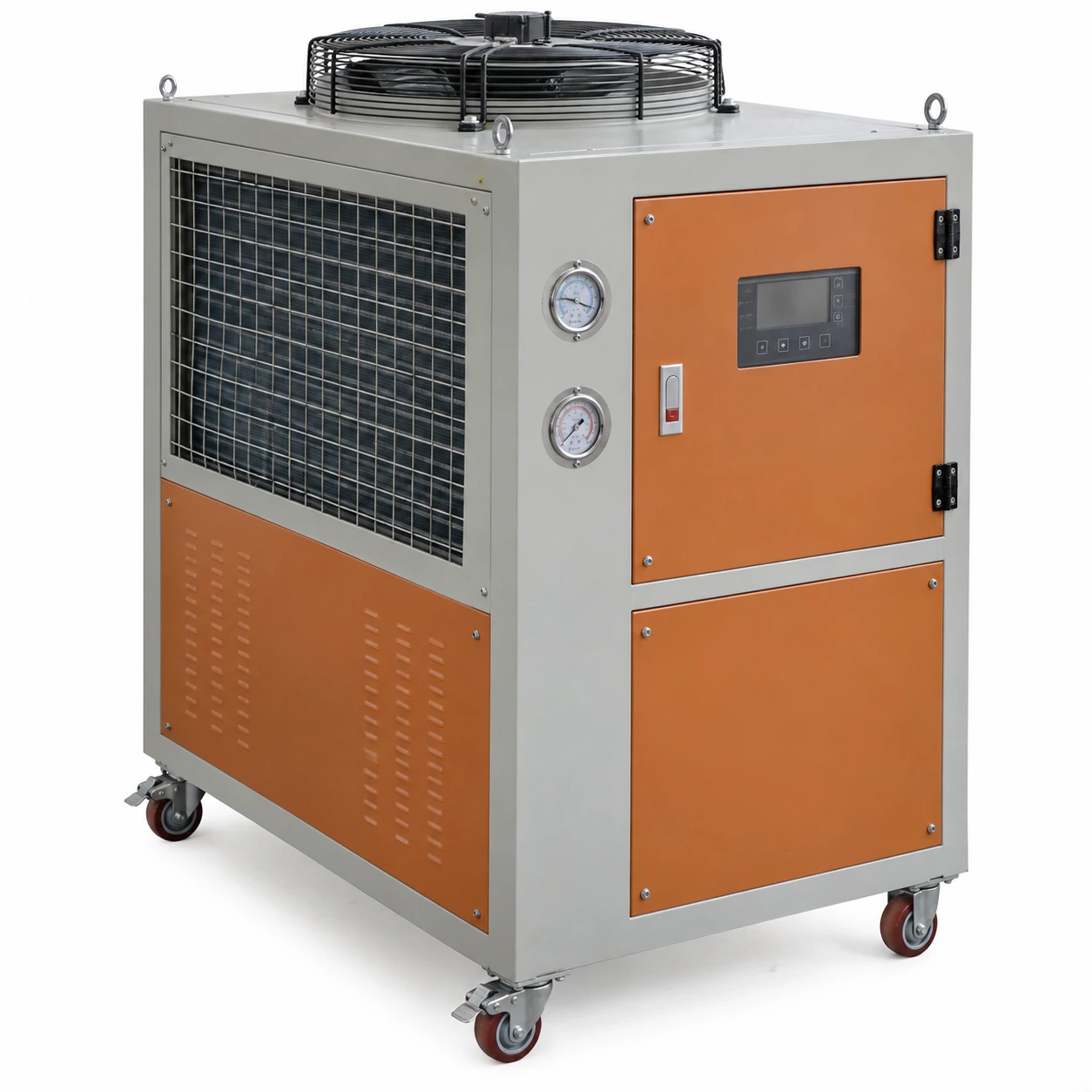 Small industrial air-cooled process chiller on castors with one top fan and enclosed water connections