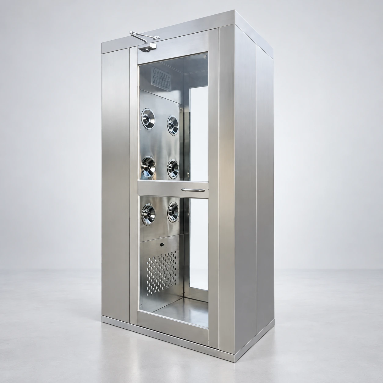 Compact stainless steel personnel air shower with glass door and adjustable nozzles
