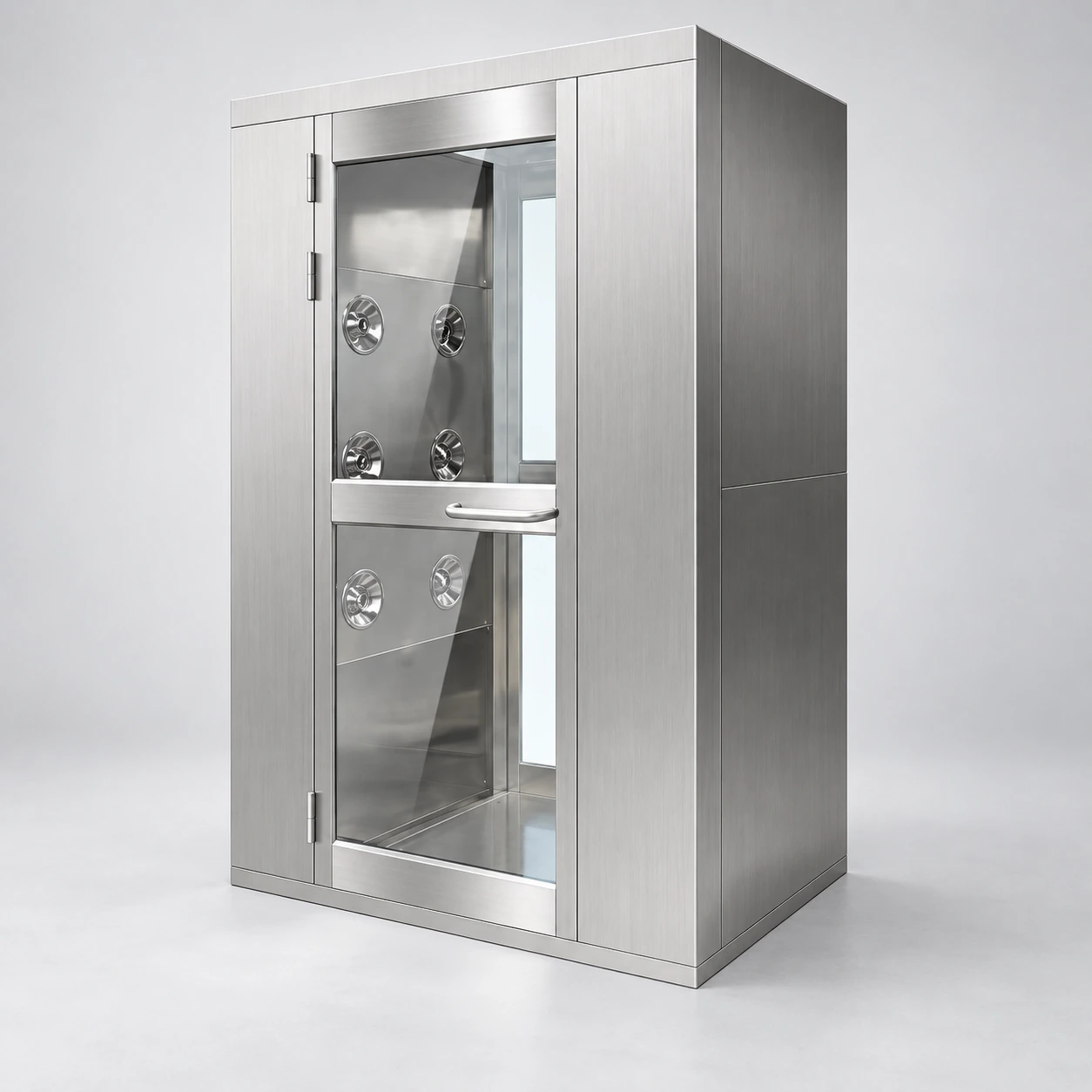 Single-person stainless air shower room with glazed entry door
