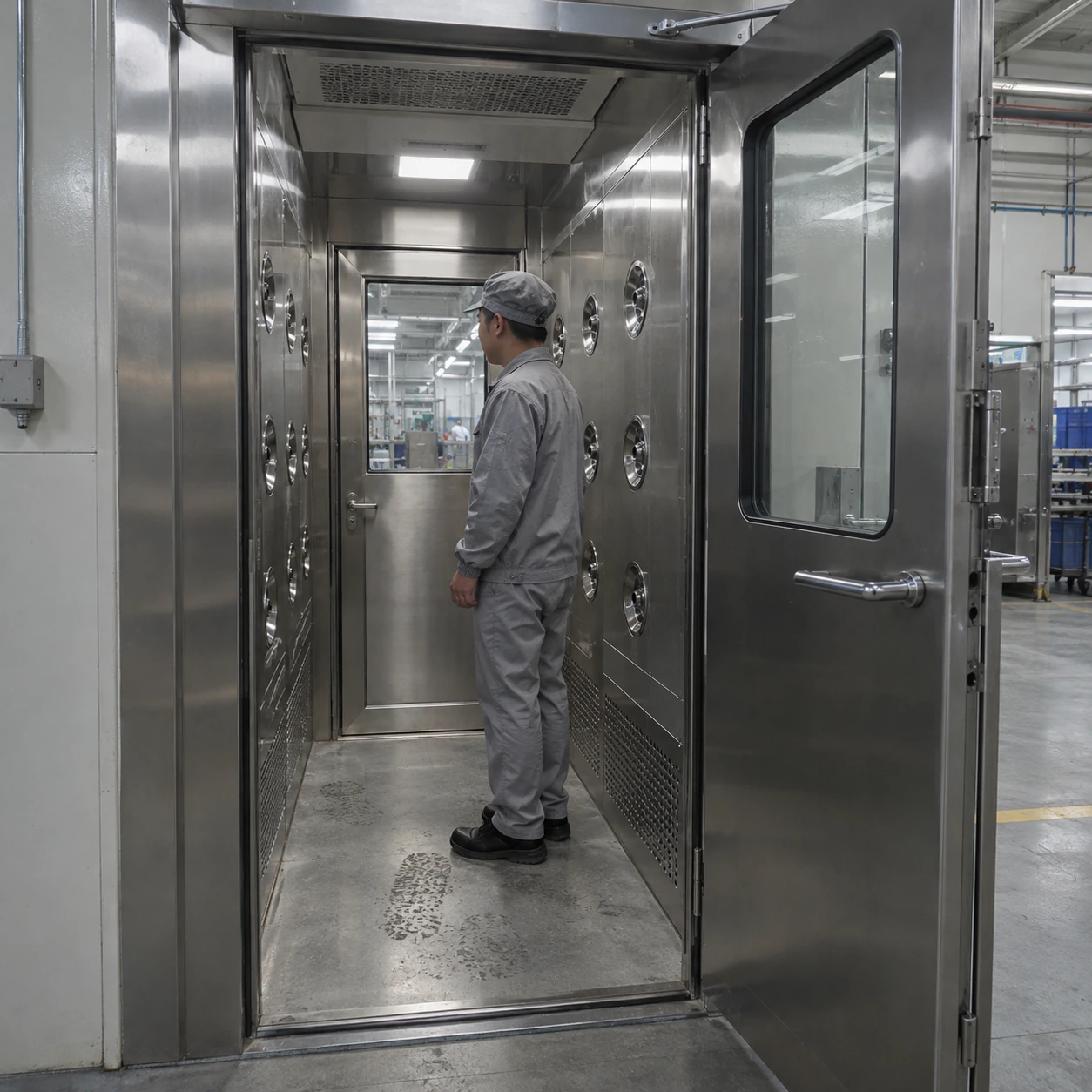 Personnel air shower chamber with side nozzle banks for dry particle removal