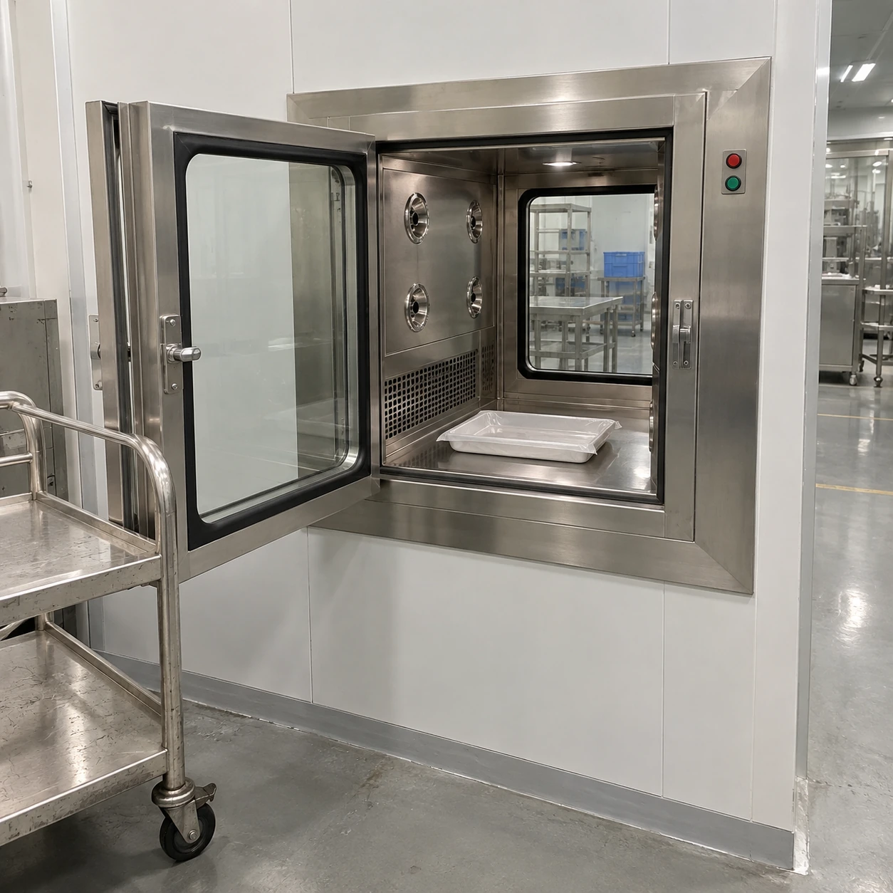Air shower pass box with stainless nozzles and a covered material tray