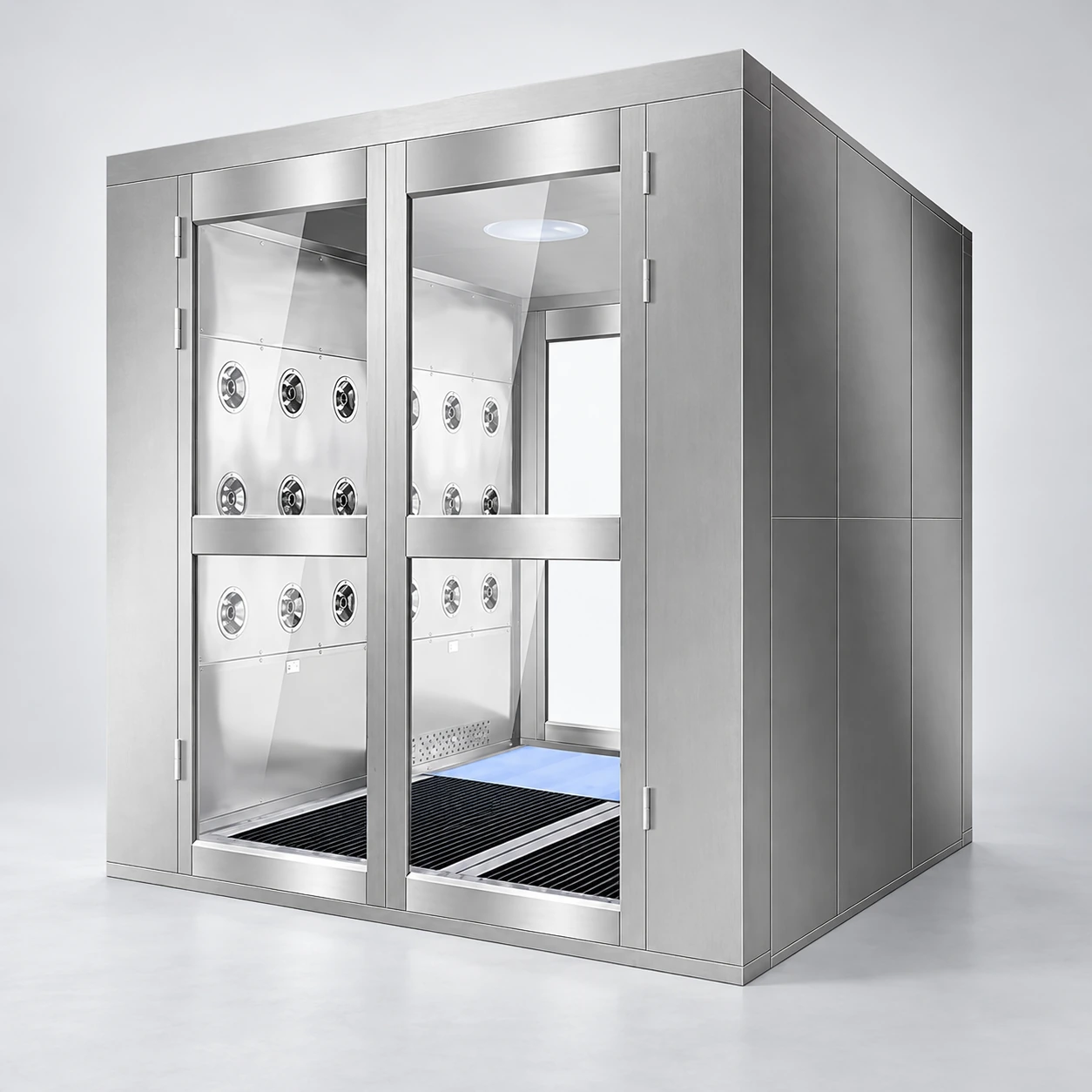 Personnel air shower fitted with a shoe-sole cleaning floor