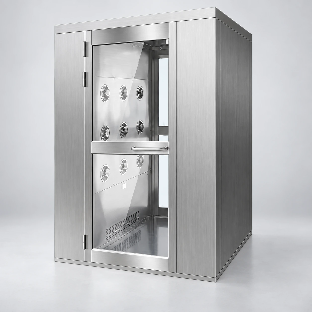 Stainless steel air shower with a deeper personnel chamber
