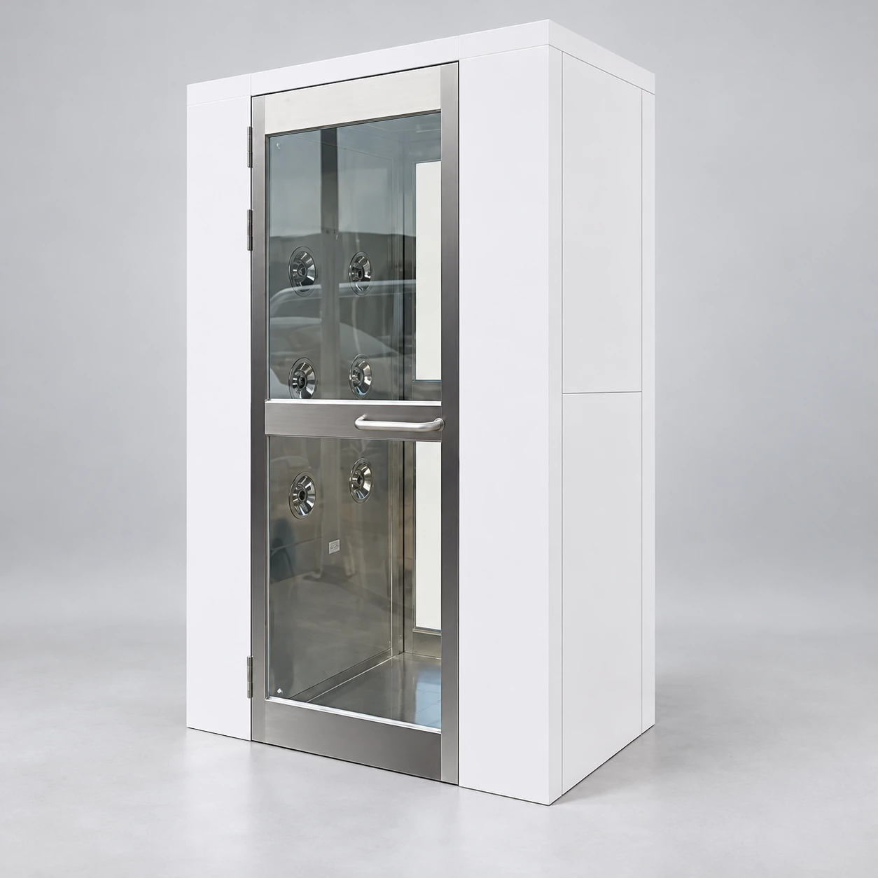 Painted steel air shower cabinet with glazed door and stainless nozzle wall