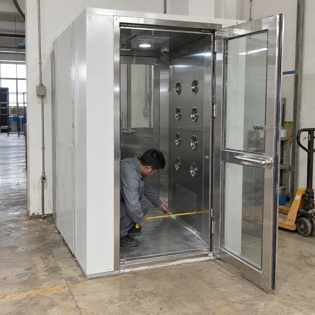 Technician measuring the clear internal floor width of an air shower