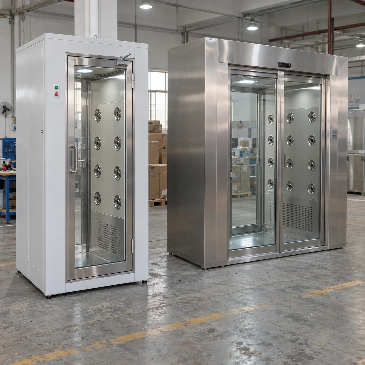 Two different air shower configurations prepared in a workshop