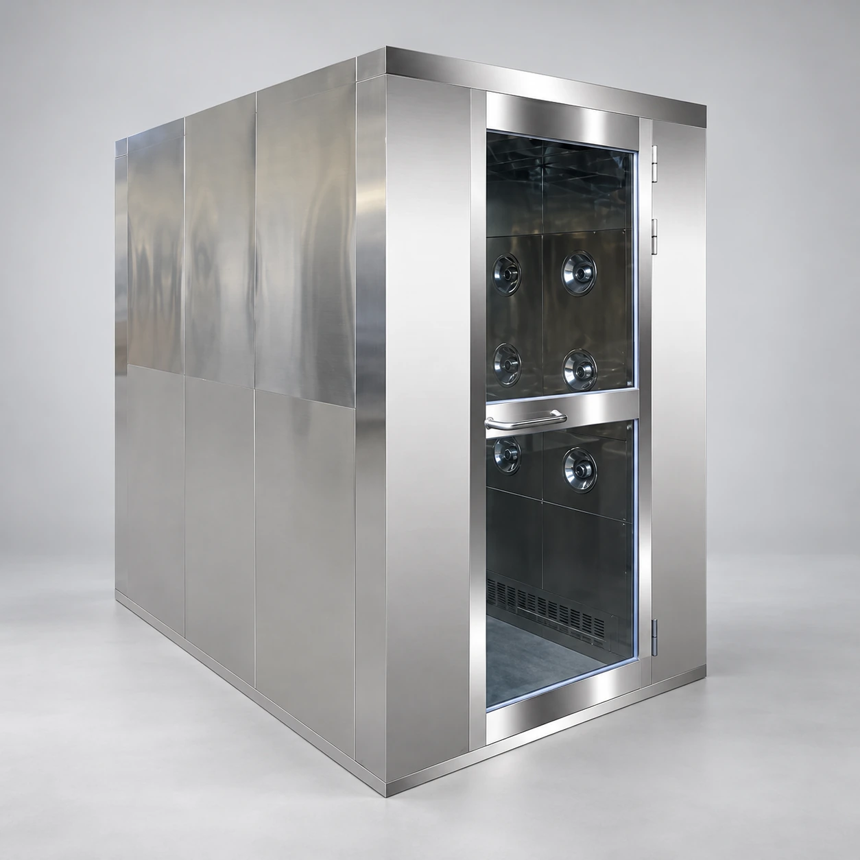 Long stainless cleanroom air shower tunnel with glass entry door