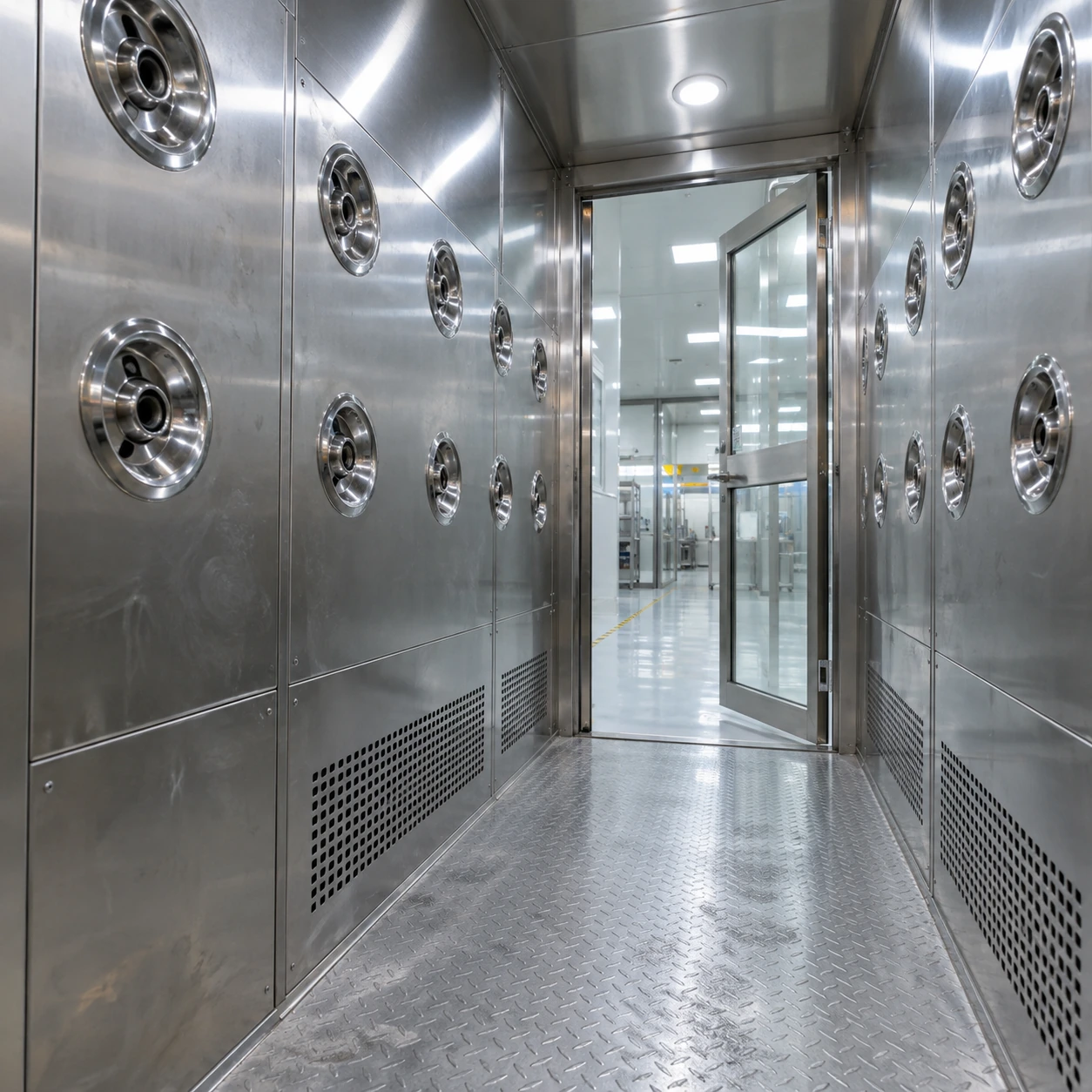 Adjustable air shower nozzle banks and low return grilles inside a chamber