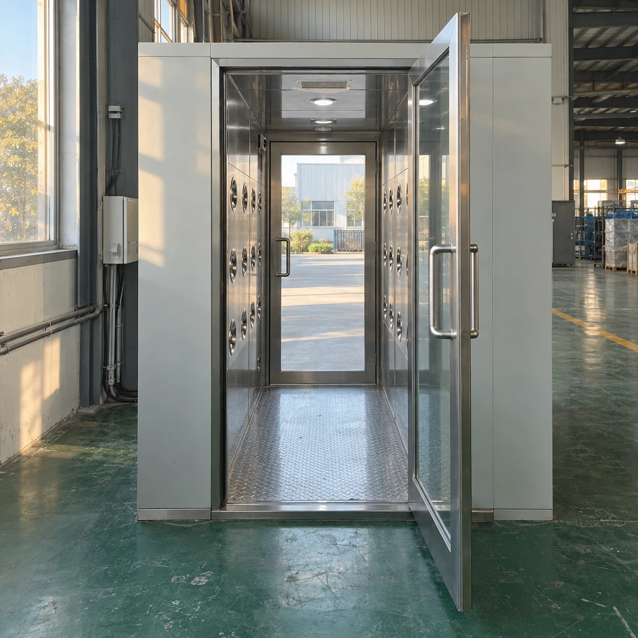 Straight-through air shower with aligned entrance and exit doors
