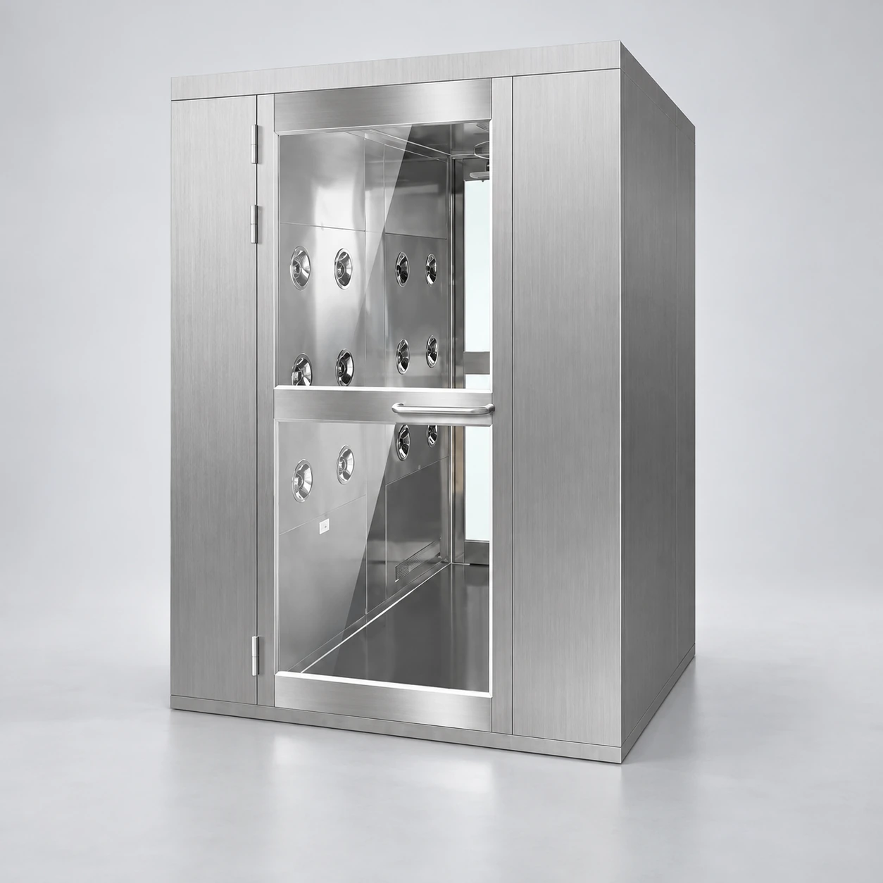 Extended stainless personnel air shower with glass door