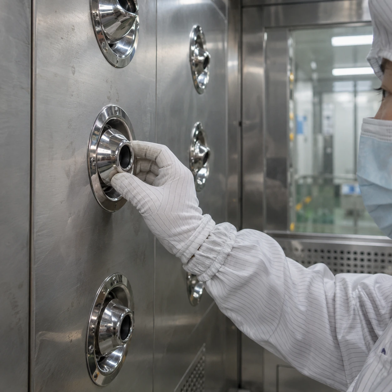 Gloved technician adjusting a spherical stainless air shower nozzle
