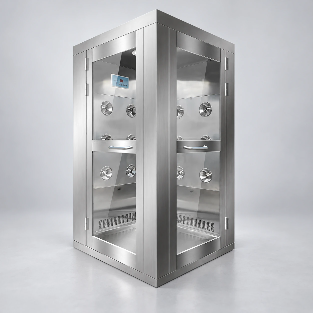 Corner air shower cabinet with adjacent entry and exit doors