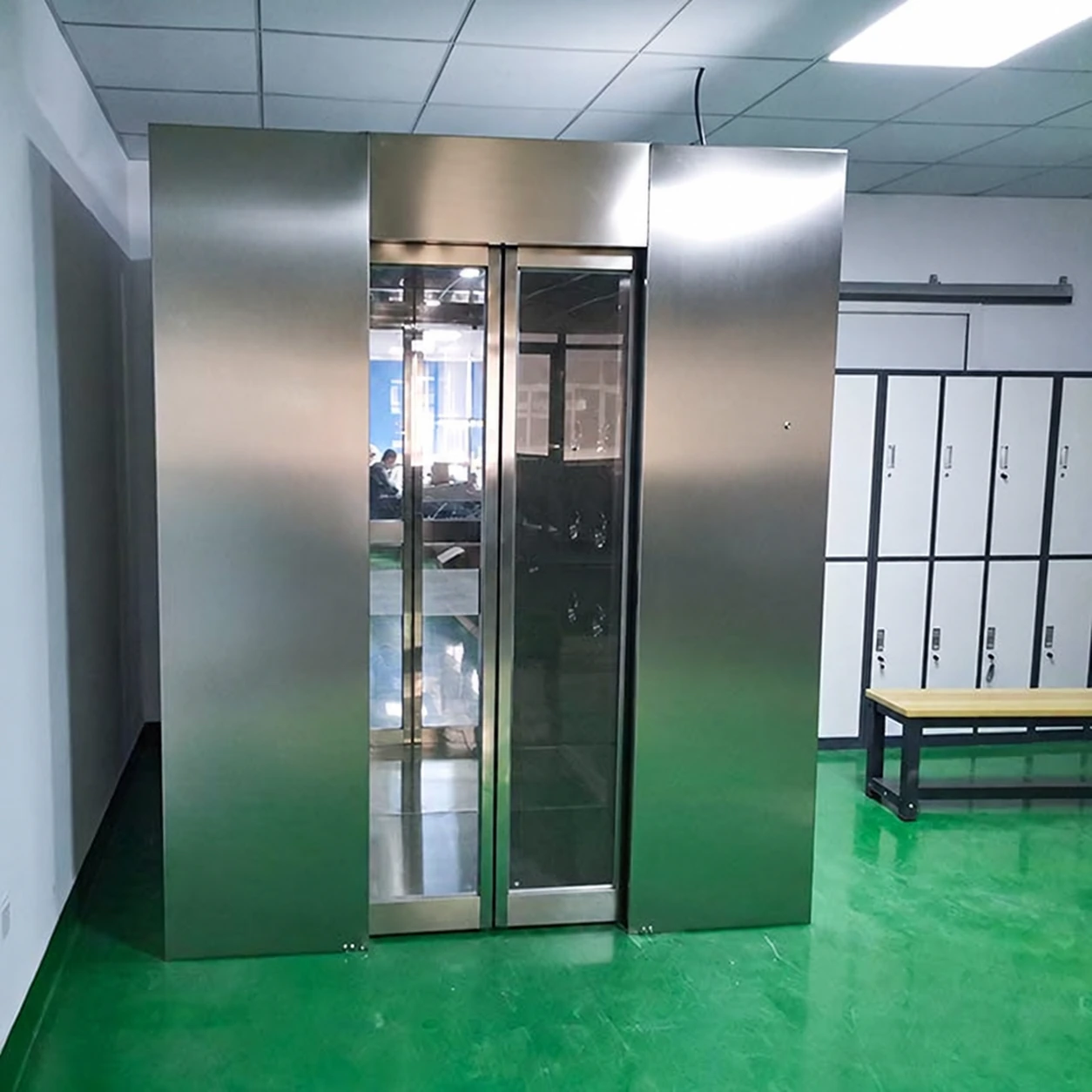Stainless air shower installed at a personnel entry corridor