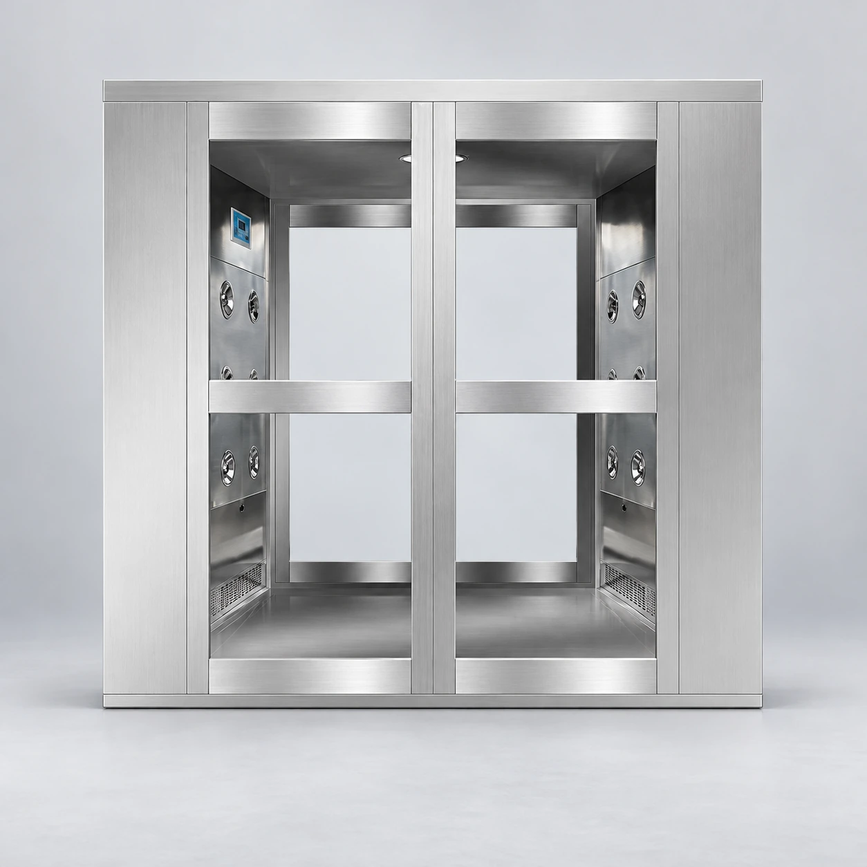 Wide stainless material air shower with two glazed doors