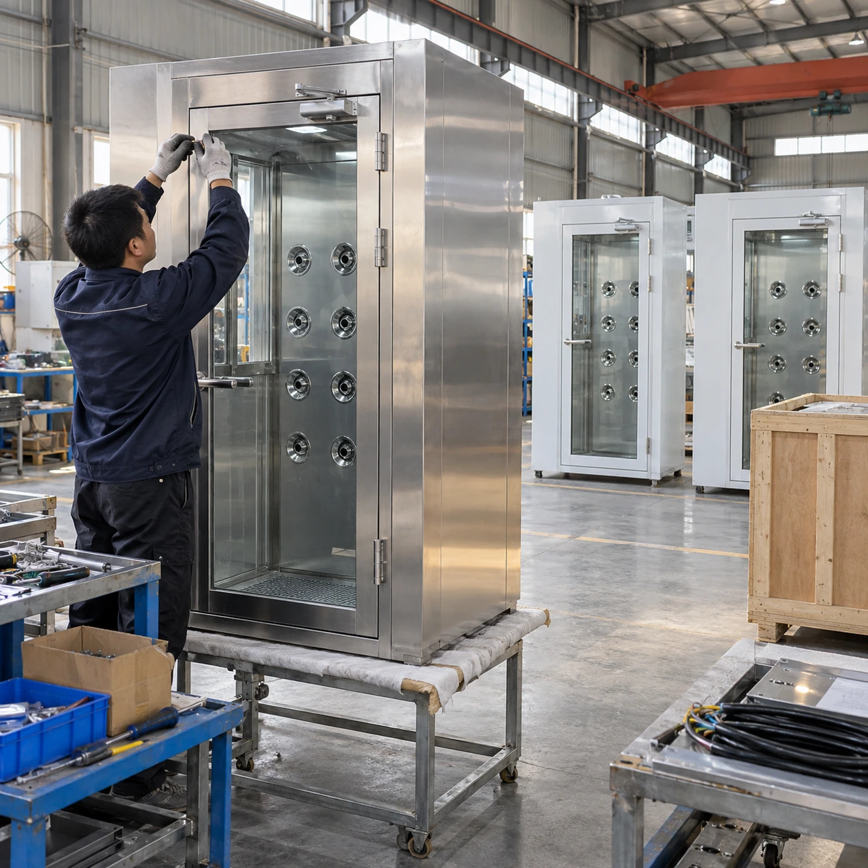 Air shower cabinets and door hardware being assembled in an industrial workshop