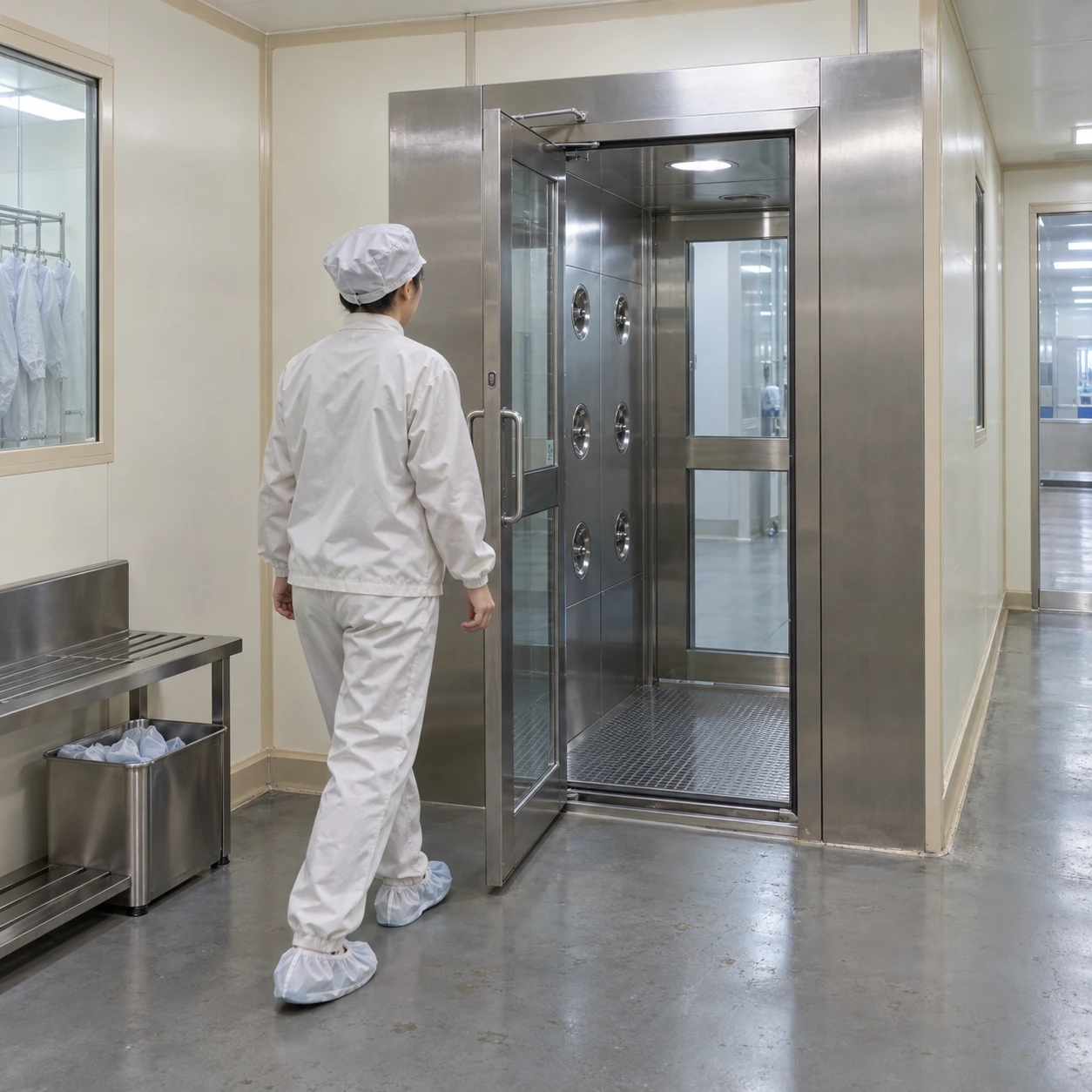 Personnel air shower between a pharmaceutical gowning corridor and clean area