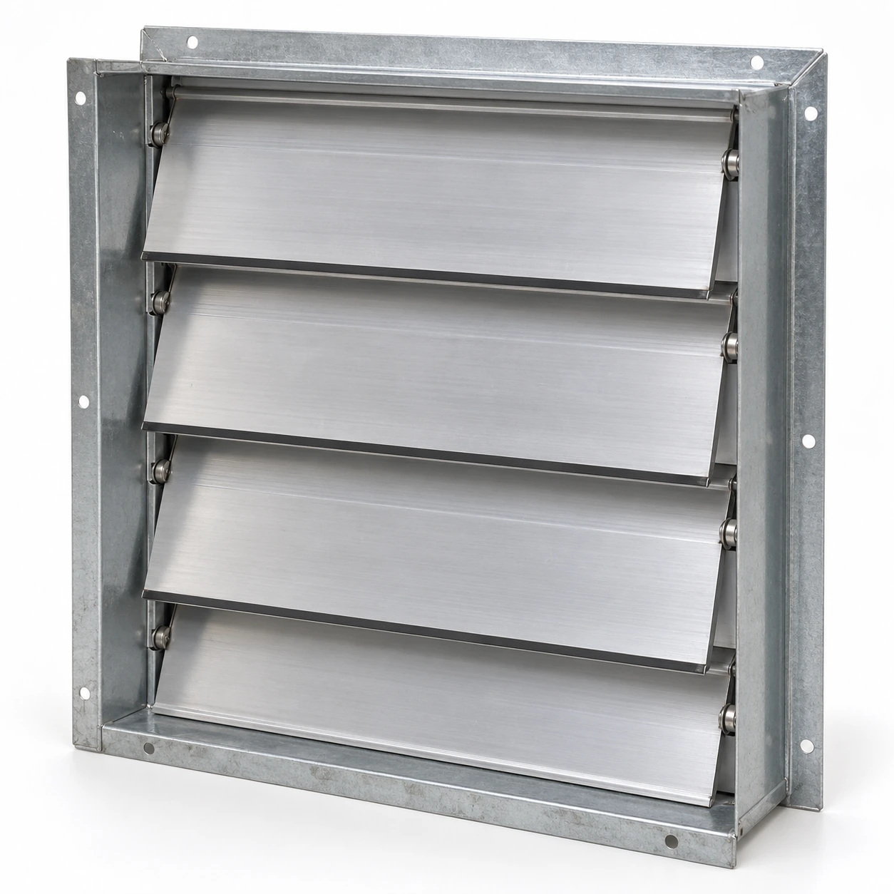 Square galvanized backdraft damper with overlapping horizontal aluminum gravity blades
