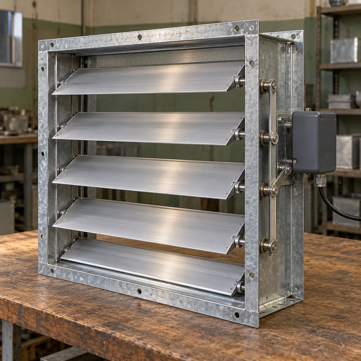 Rectangular motorized backdraft damper with external actuator and linked aluminum blades