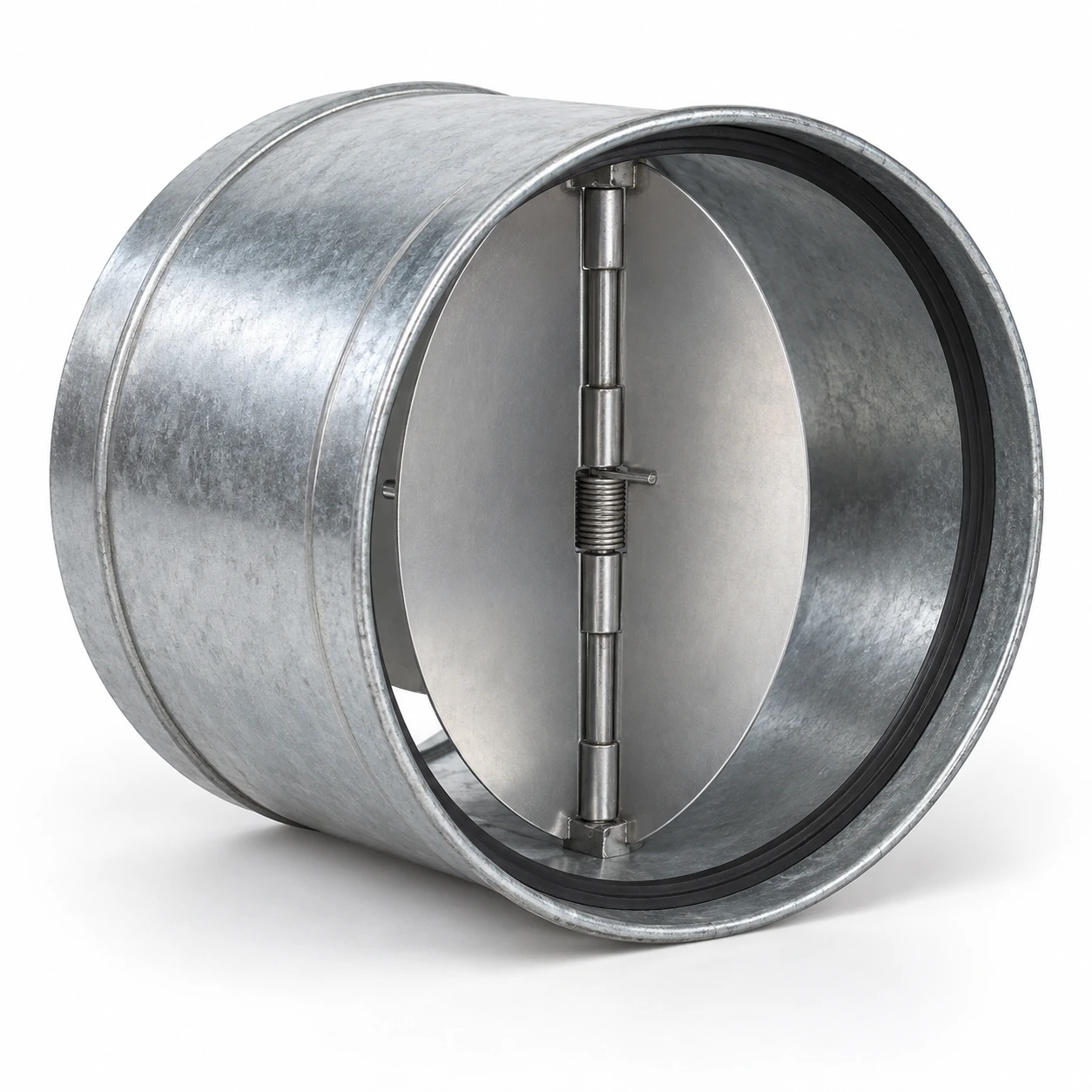 Short round galvanized backdraft damper with two aluminum butterfly leaves and central spring