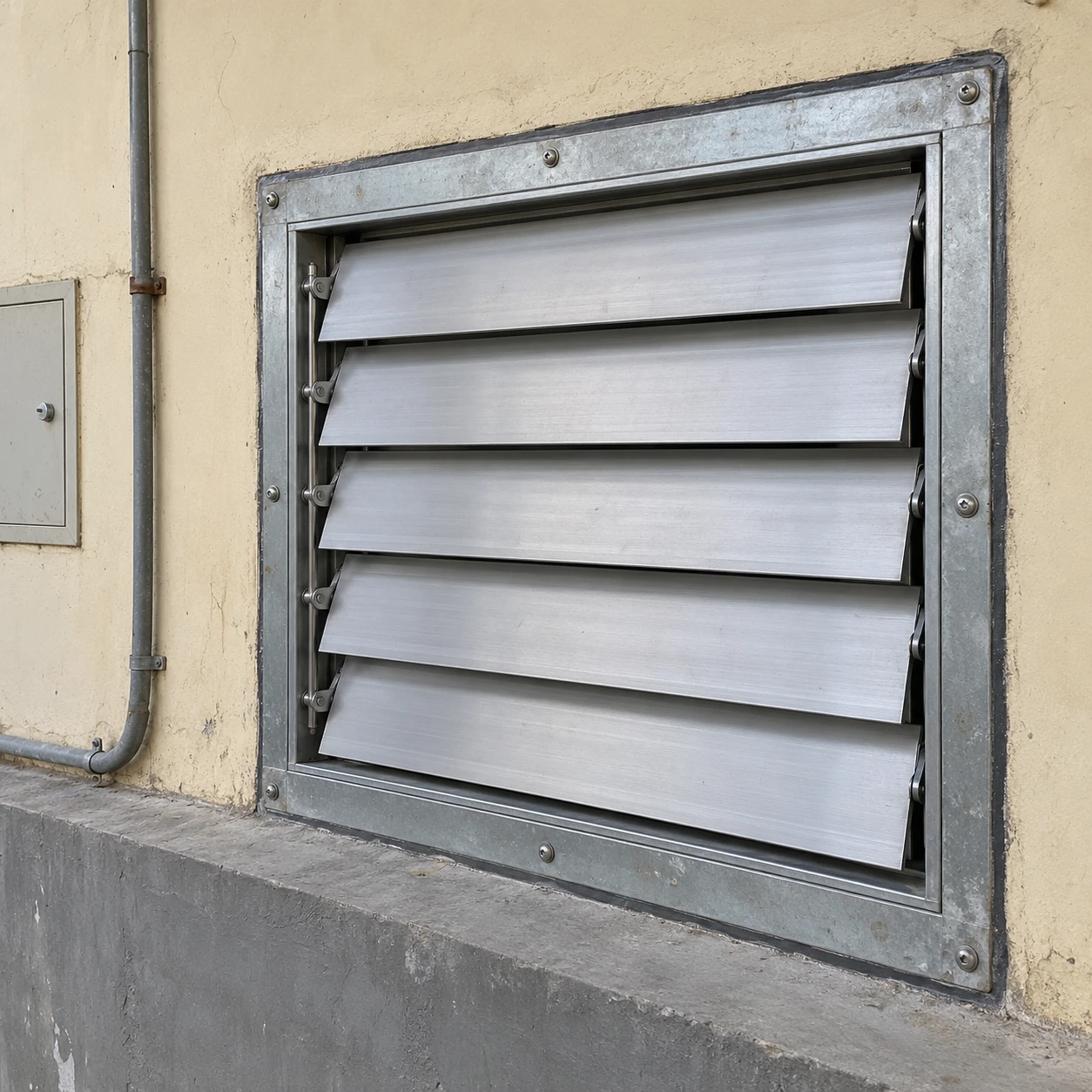 Rectangular ventilation backdraft damper installed in an accessible industrial wall opening