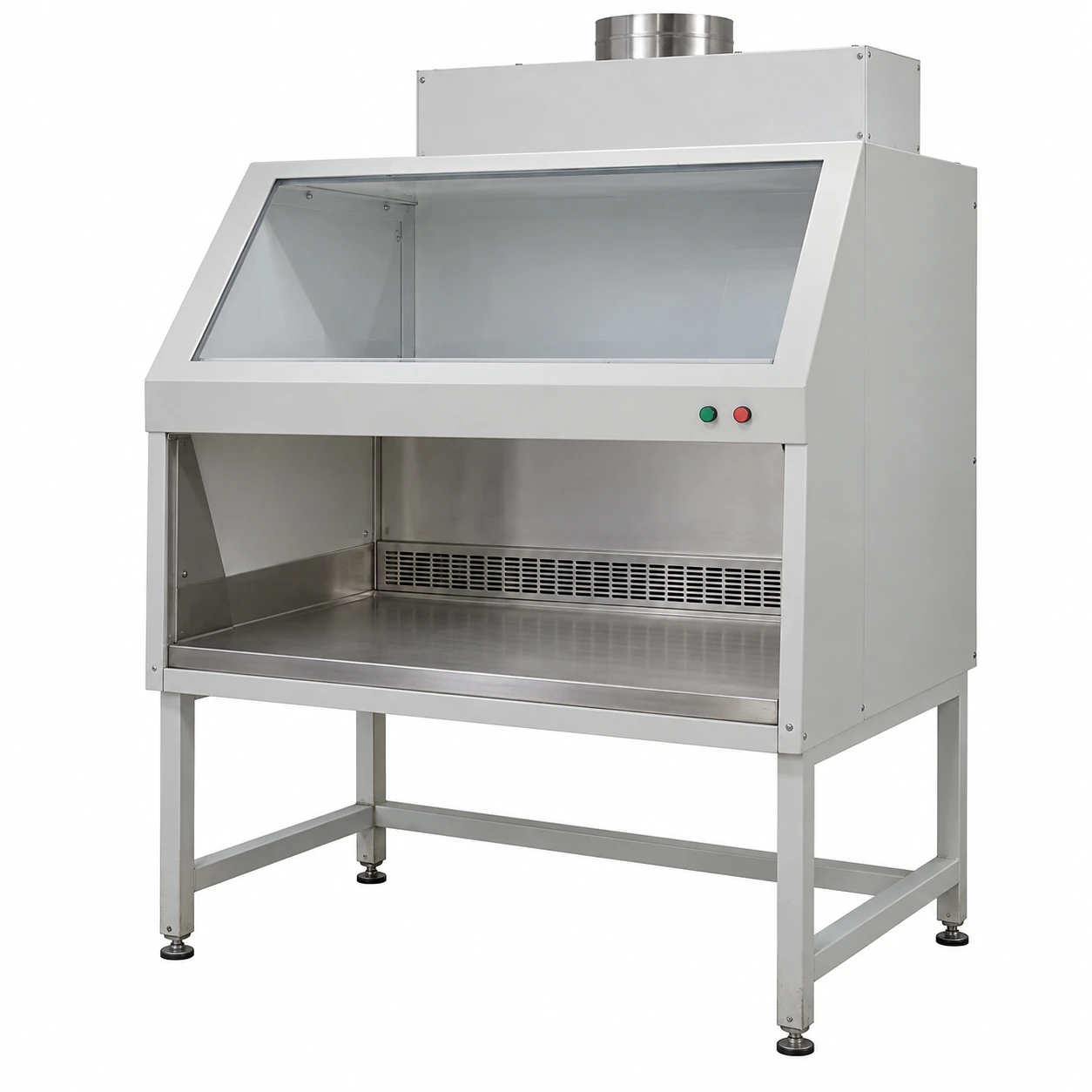 Open-front Class I biological safety cabinet with inward-airflow work opening and upper exhaust filtration housing