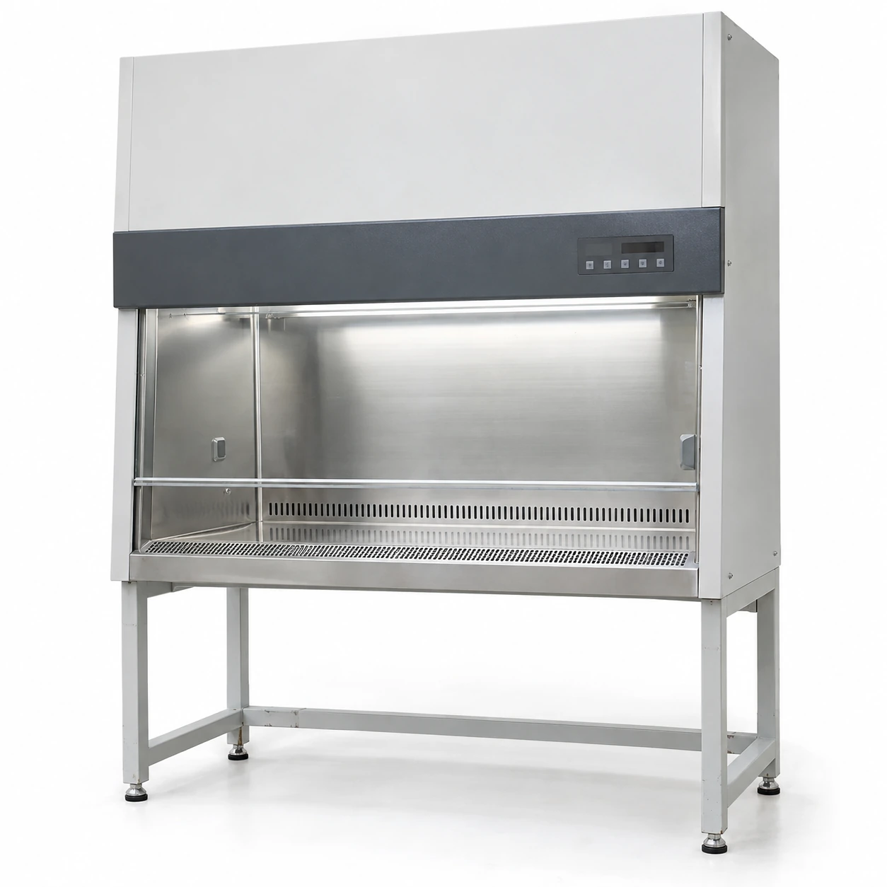 Class II style biological safety cabinet with recessed work tray, front intake grille, glass sash and filter canopy