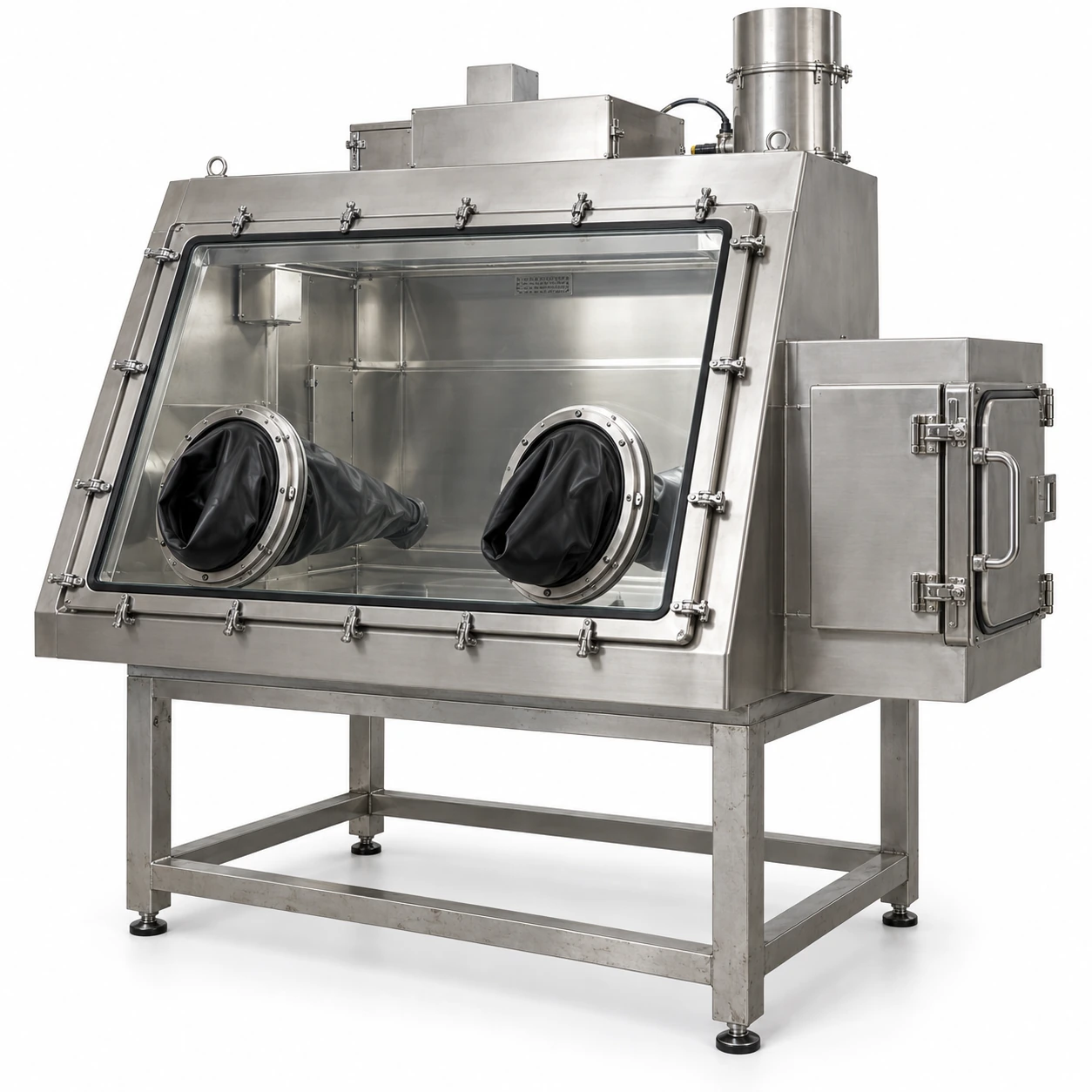 Enclosed biological safety cabinet with fixed viewing window, glove ports and side transfer chamber