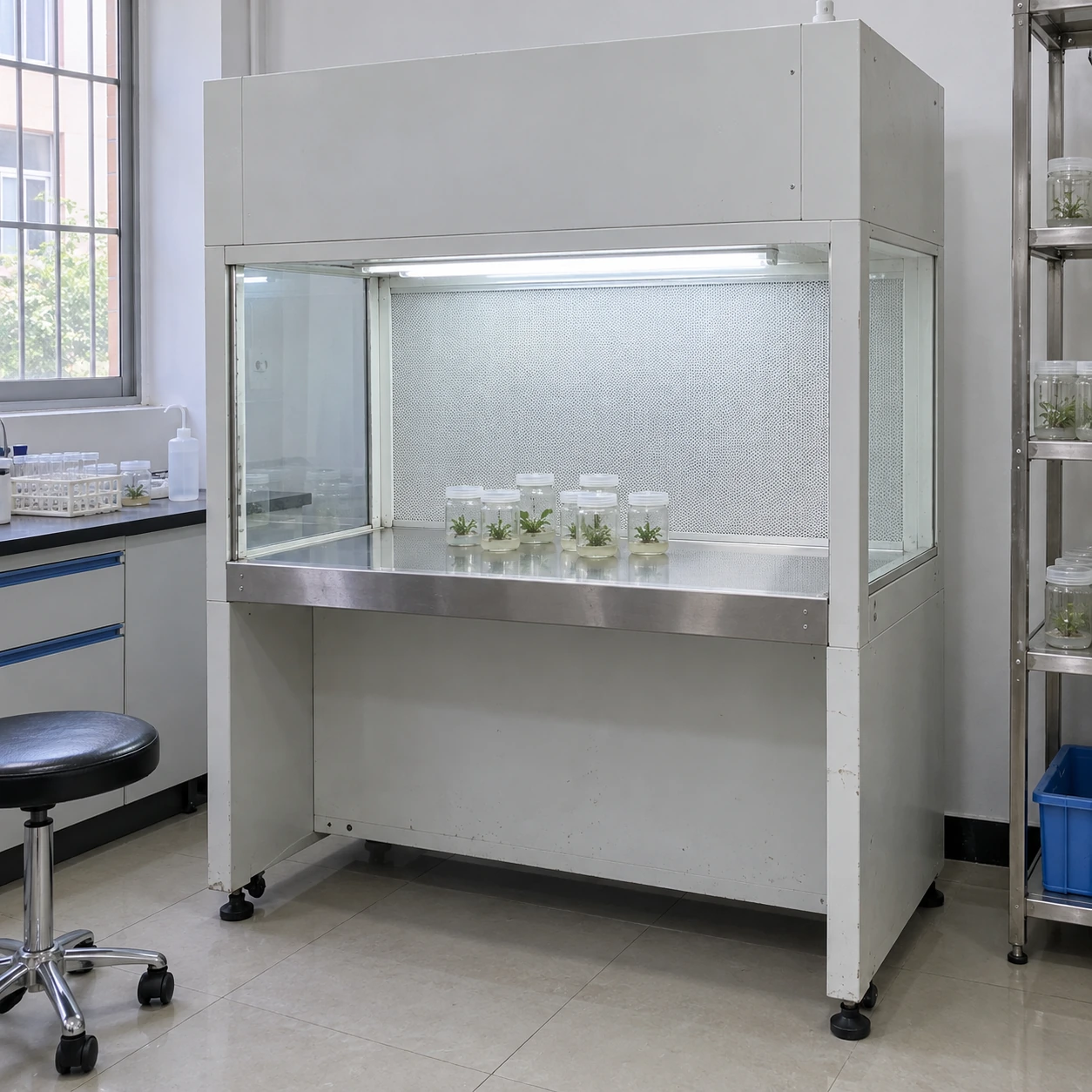 Vertical clean bench with sealed plant culture jars in a modest laboratory