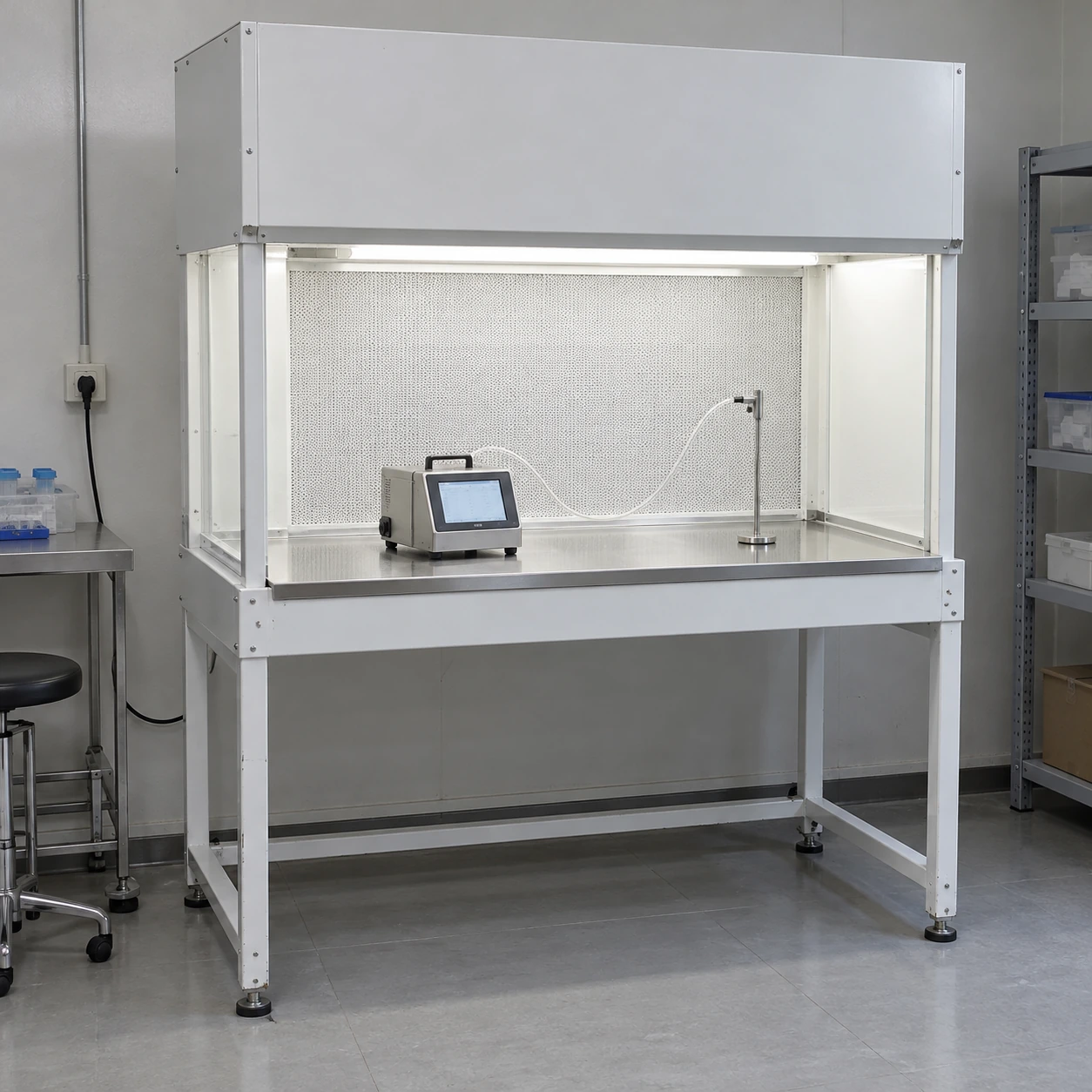 Clean bench with a particle sampling instrument positioned at the work surface