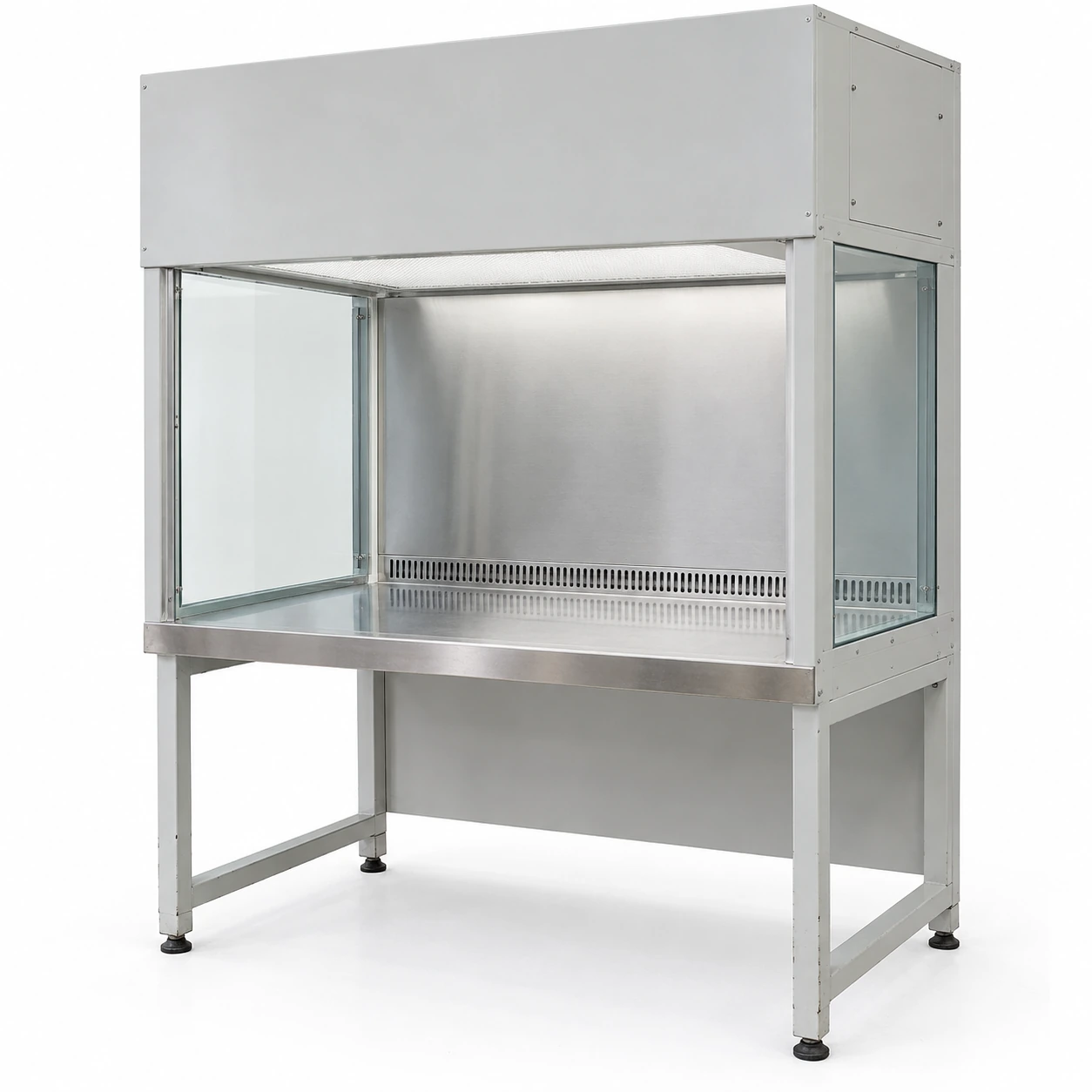 Vertical clean bench with overhead filter housing and stainless steel work surface