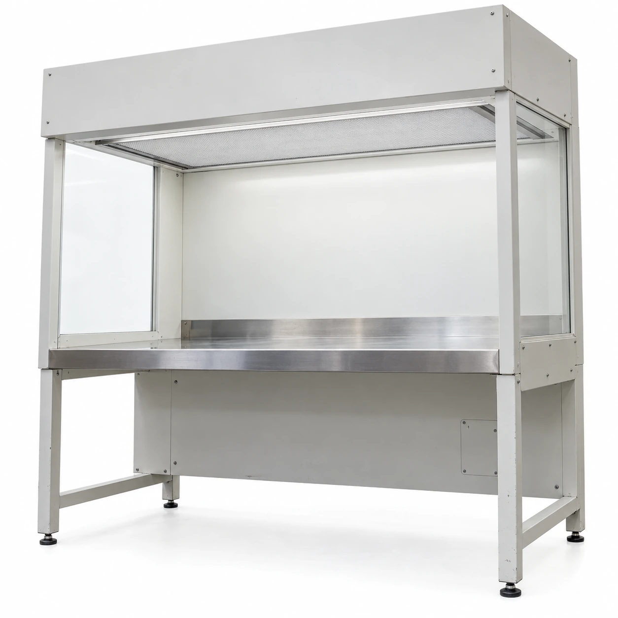 HEPA clean bench showing its overhead diffuser and stainless working surface