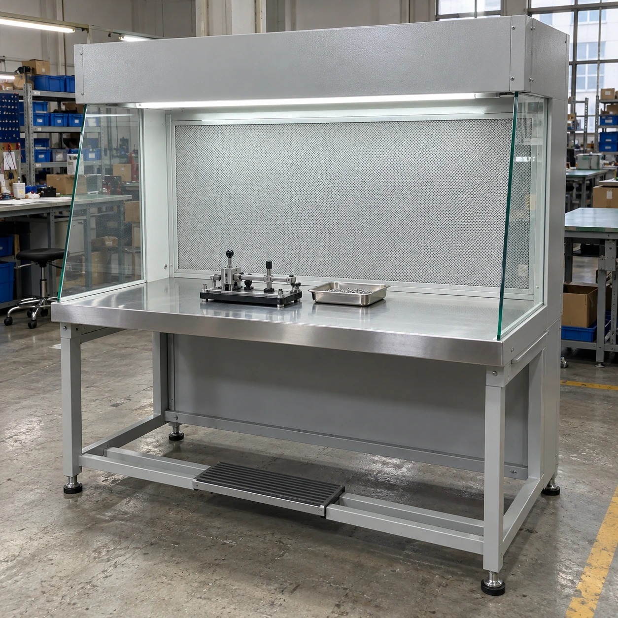 Horizontal clean bench workstation with a low assembly fixture and open leg space