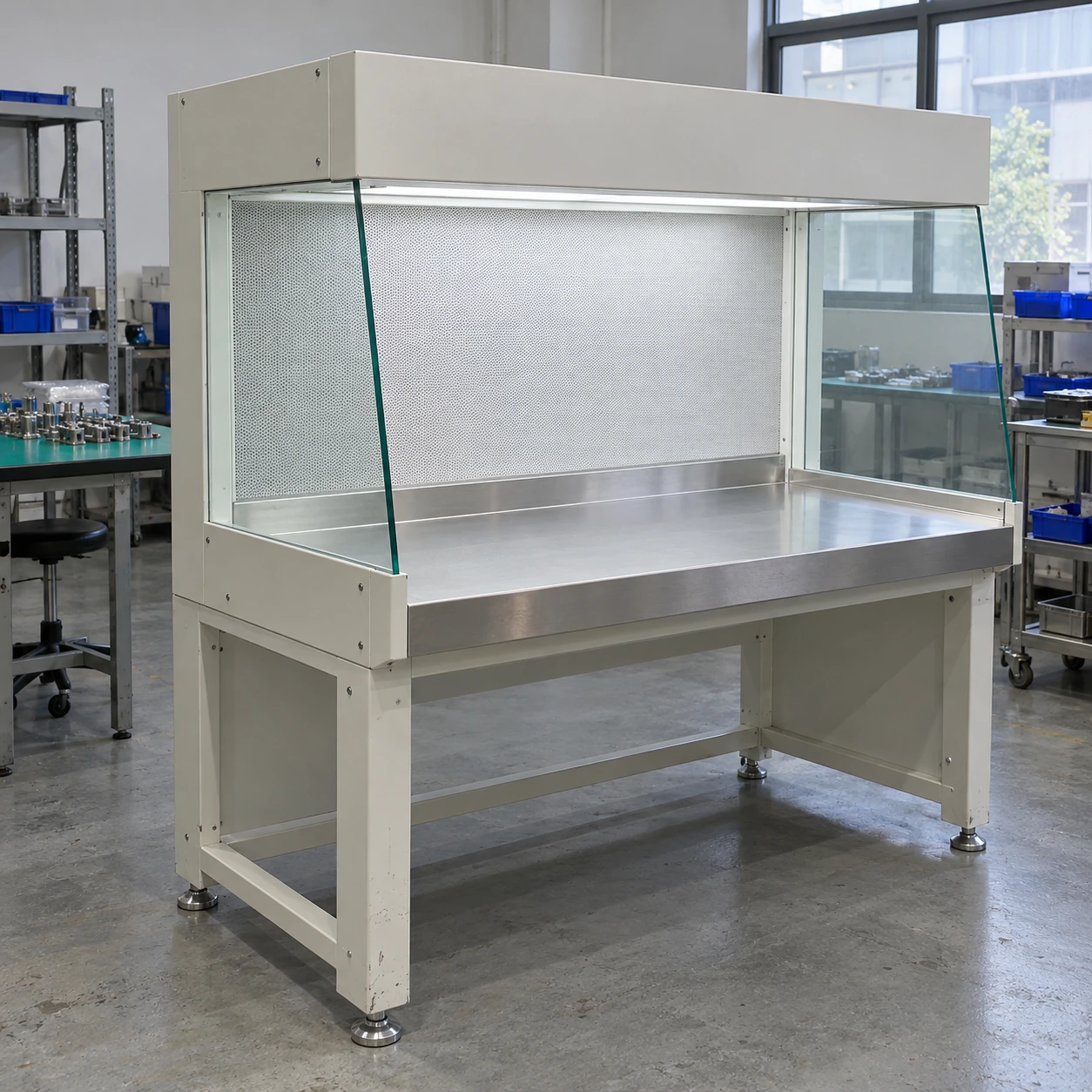 Horizontal laminar flow clean bench with a rear filter diffuser and open work area