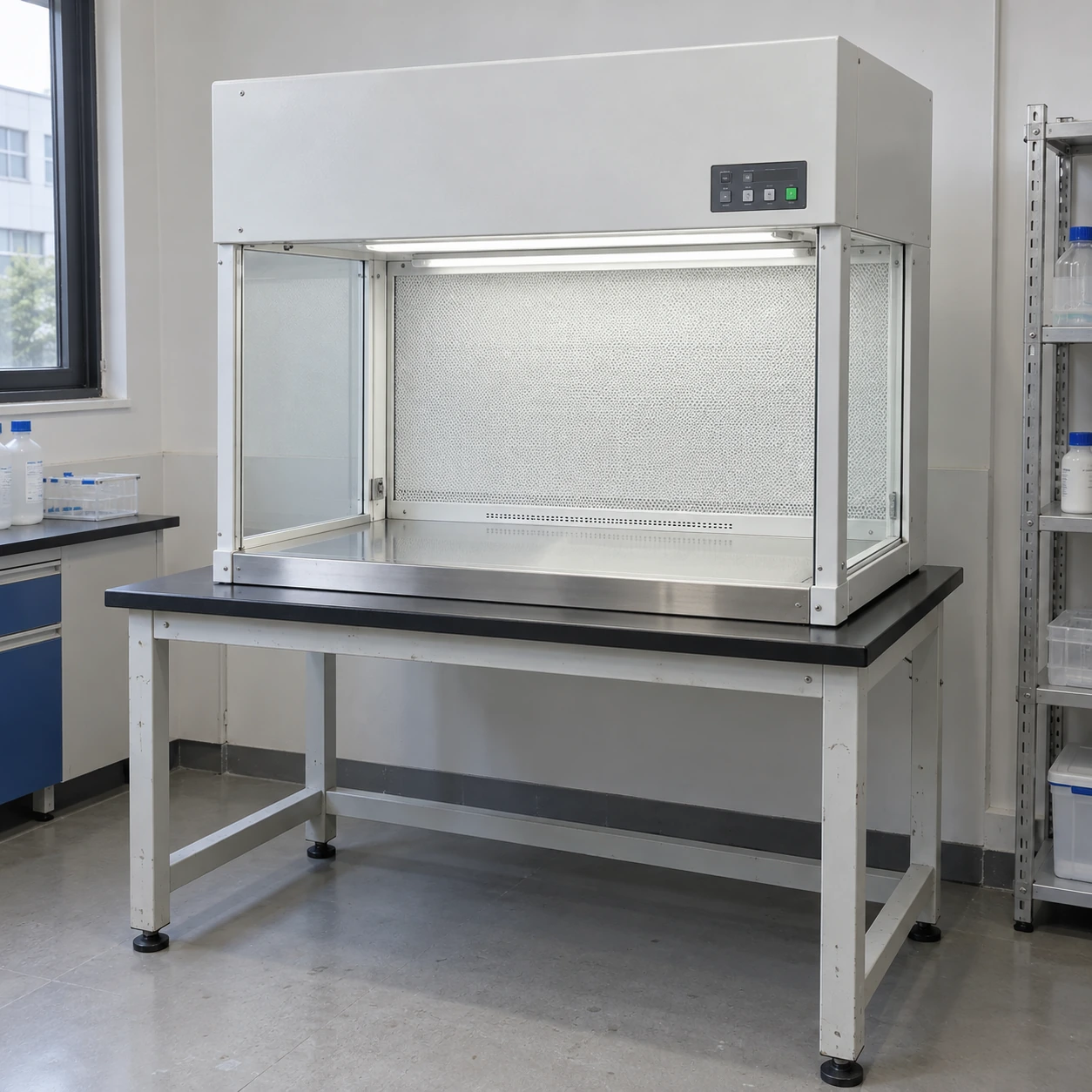 Small benchtop vertical clean-air cabinet on a sturdy laboratory table