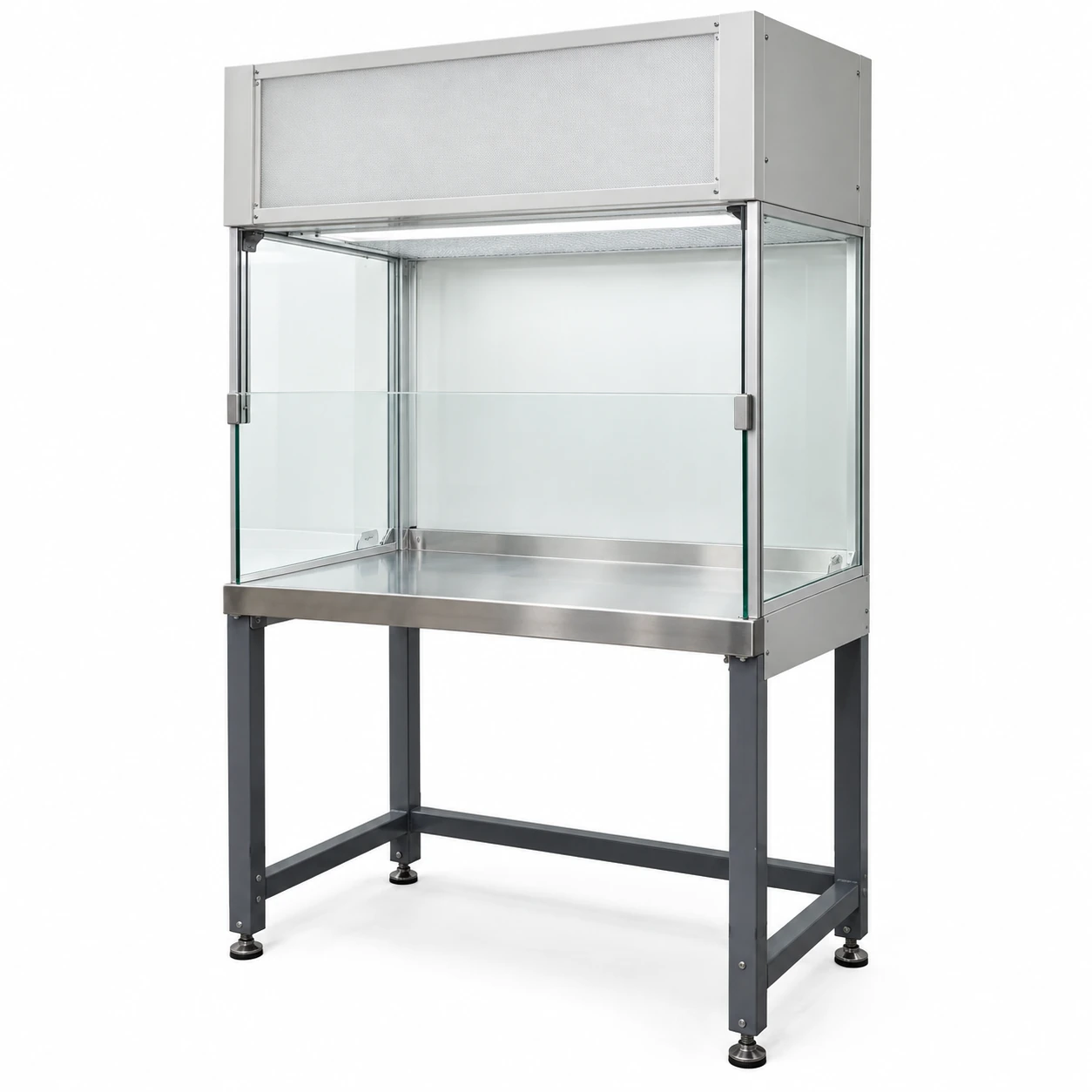 Compact vertical clean bench with clear side screens and a steel support stand