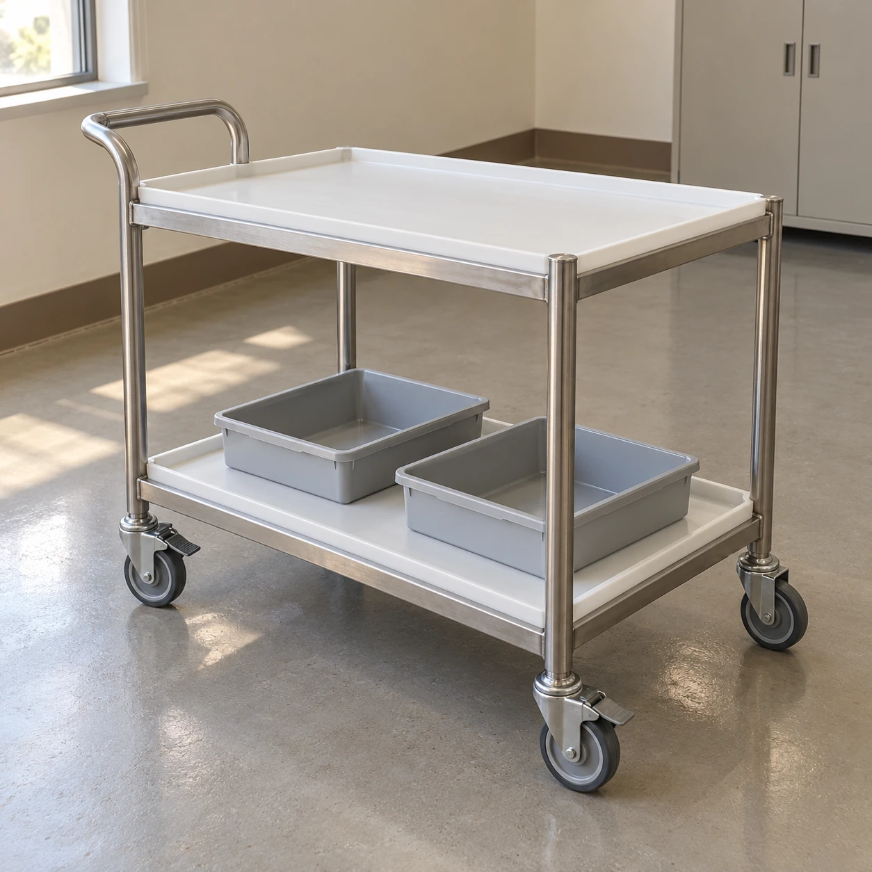 Two-shelf stainless frame cleanroom cart with white polymer decks and material trays