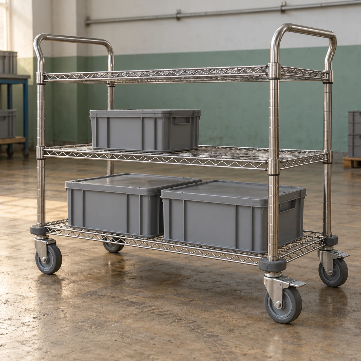 Three-tier stainless wire industrial cleanroom cart carrying closed bins on its lower shelves