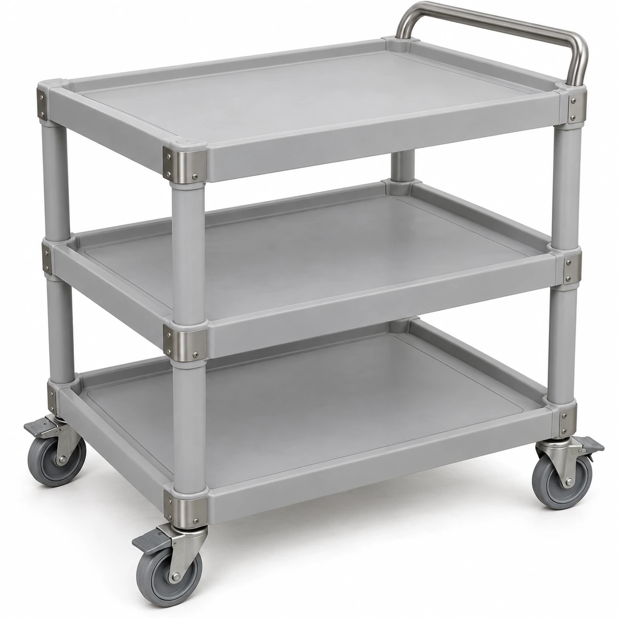 Grey three-shelf polymer cleanroom cart with removable solid shelf mats and stainless push handle