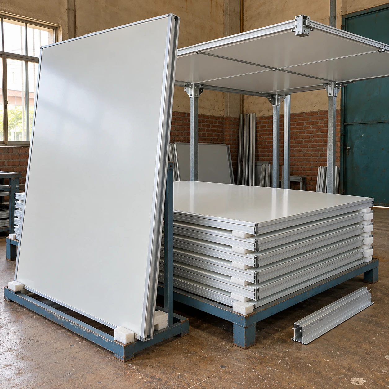 Cleanroom ceiling panels with closed metal edges, matching support profiles and a partially assembled ceiling frame