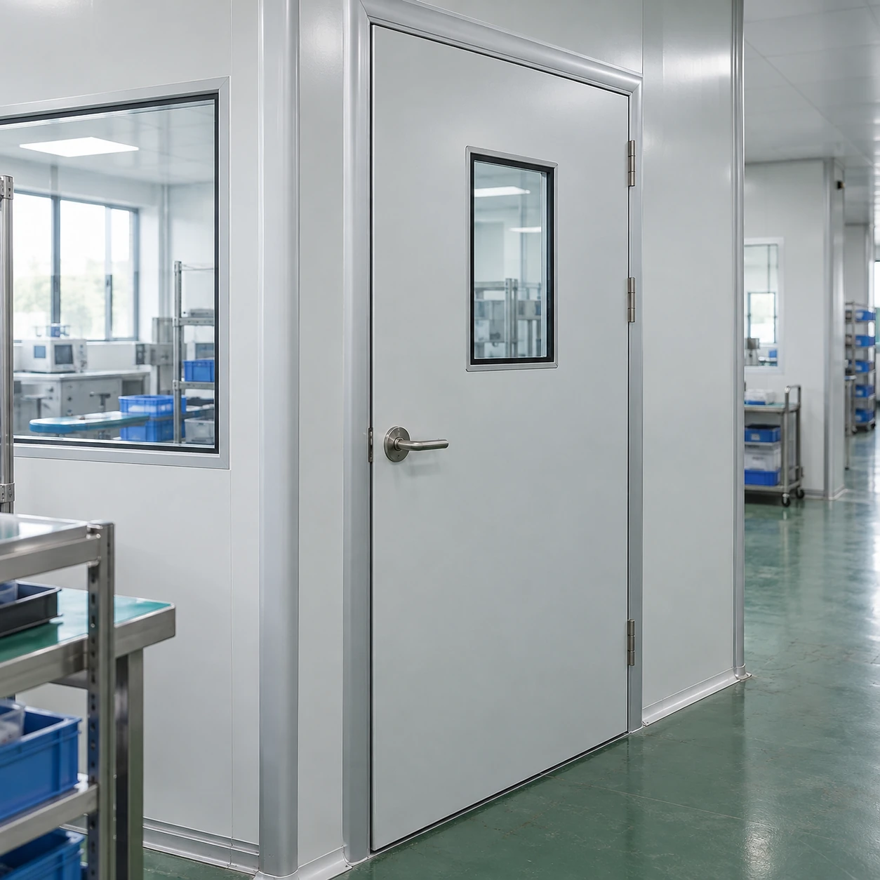 Single cleanroom door with flush glazing installed in a panel partition