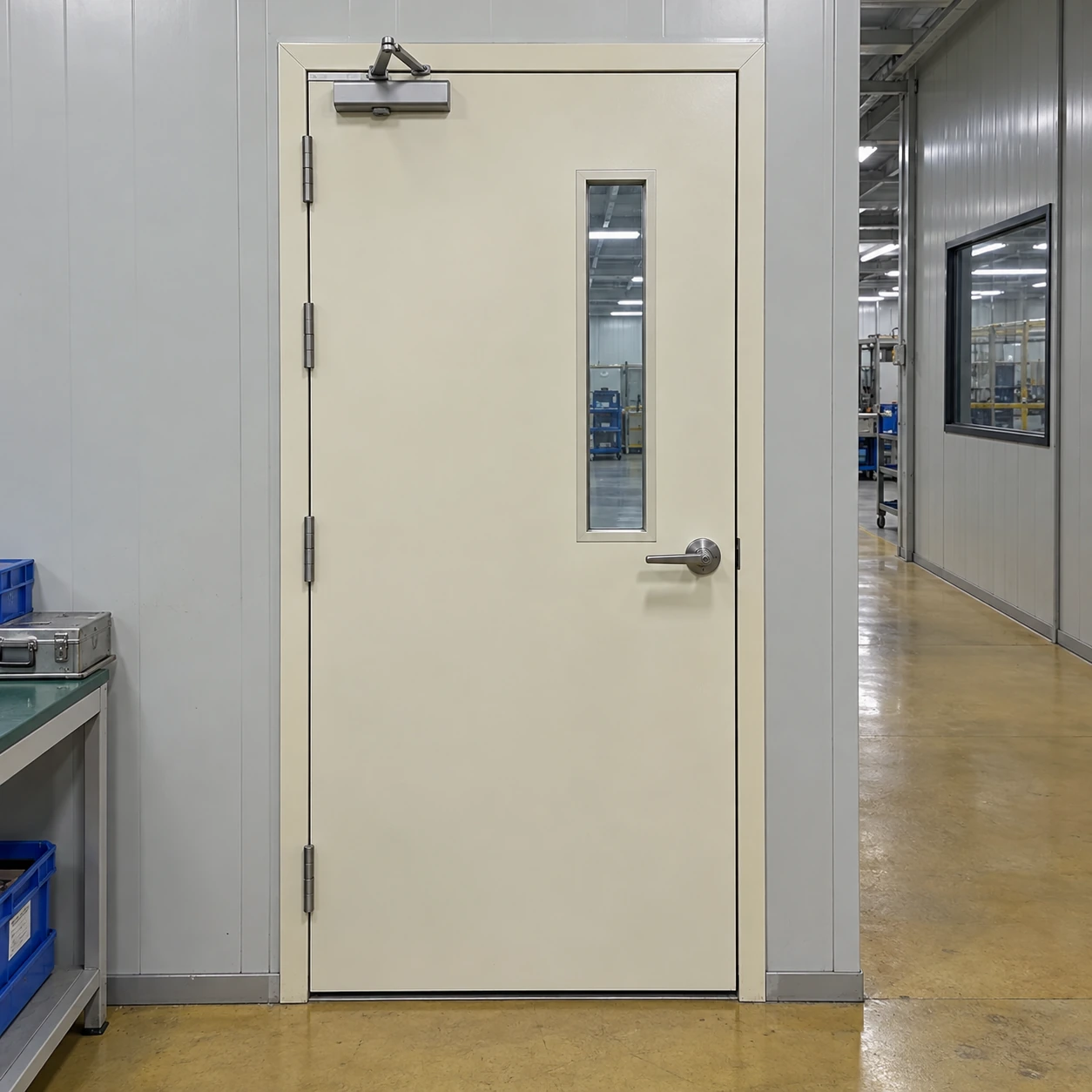 Hinged steel cleanroom doorset with closer and narrow vision panel