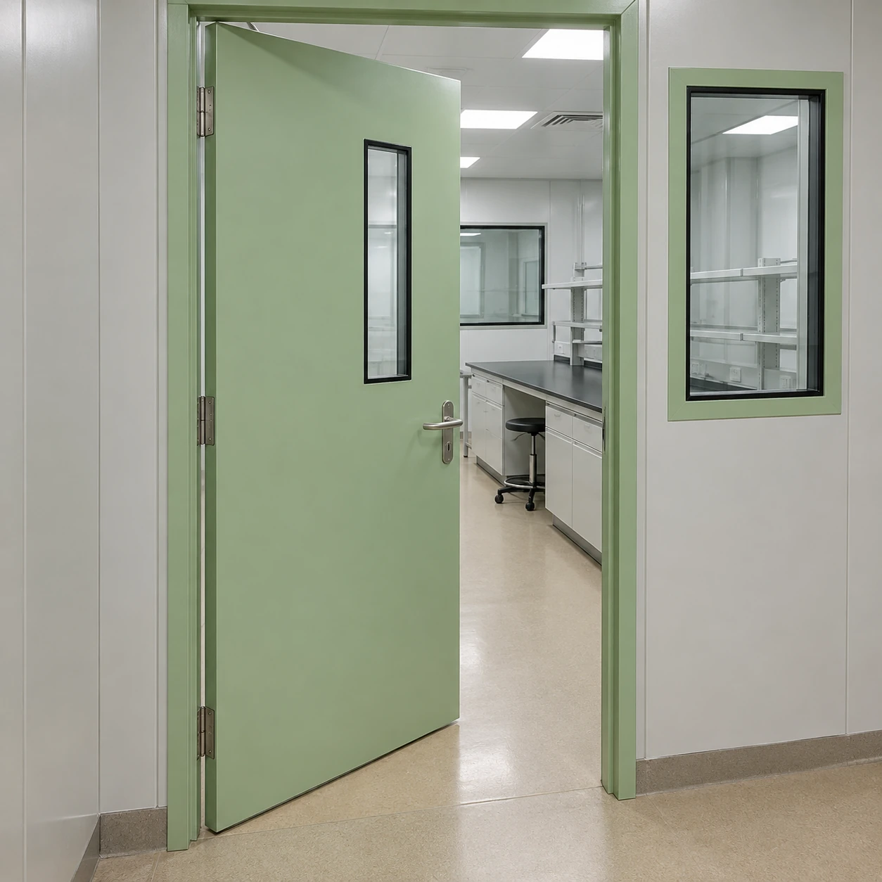 Laboratory access door with flush vision pane and adjacent observation window