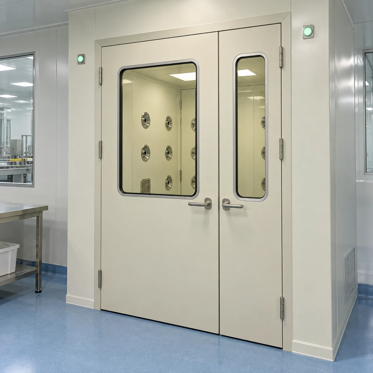 Paired cleanroom access doors with flush windows and wall-mounted status indicator