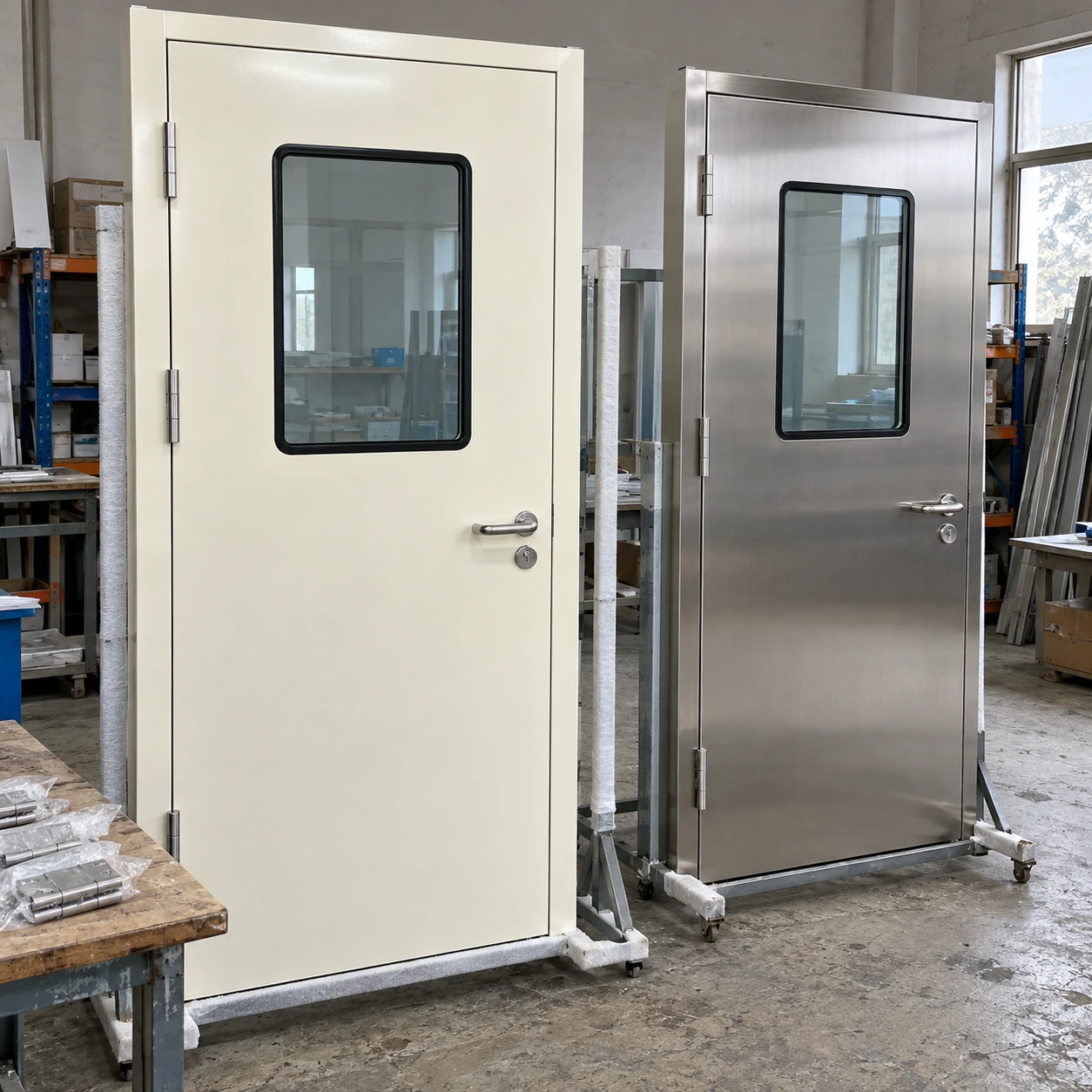 Two cleanroom doorsets on separate inspection frames in a supply workshop