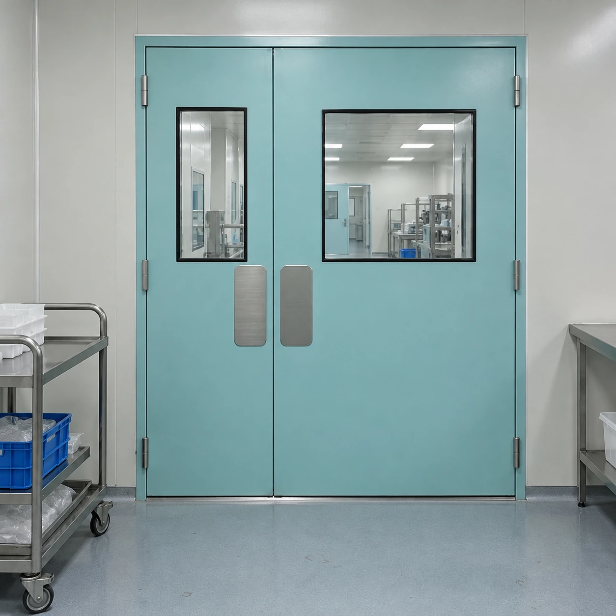 Unequal double cleanroom doors beside a clear trolley route in a production corridor
